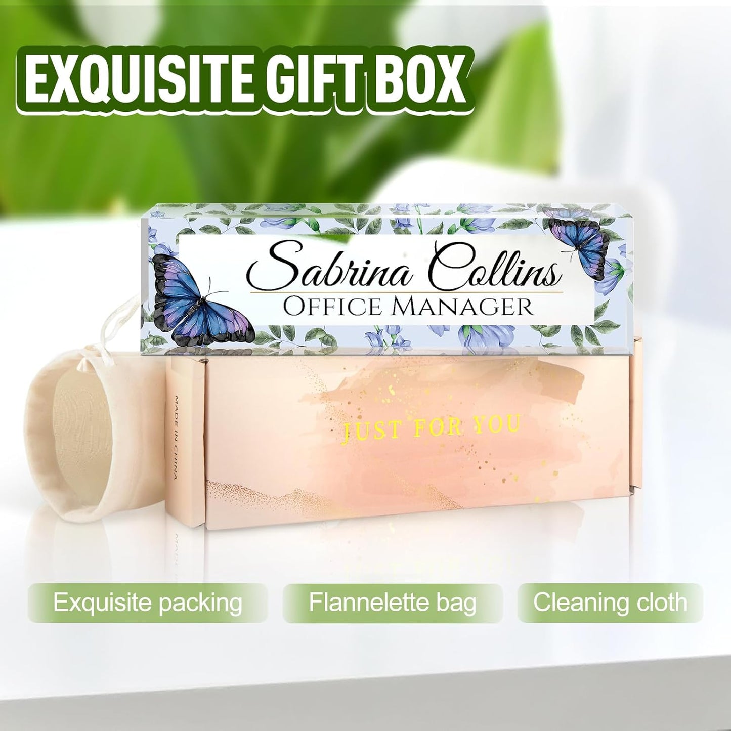 Name Plate for Desk, Desk Name Plate Personalized, Office Decor for Women Men, Acrylic Desktop Accessories, Office Appreciation Gifts for Boss Social Workers Nurse Teacher Employee (Blue Butterfly)