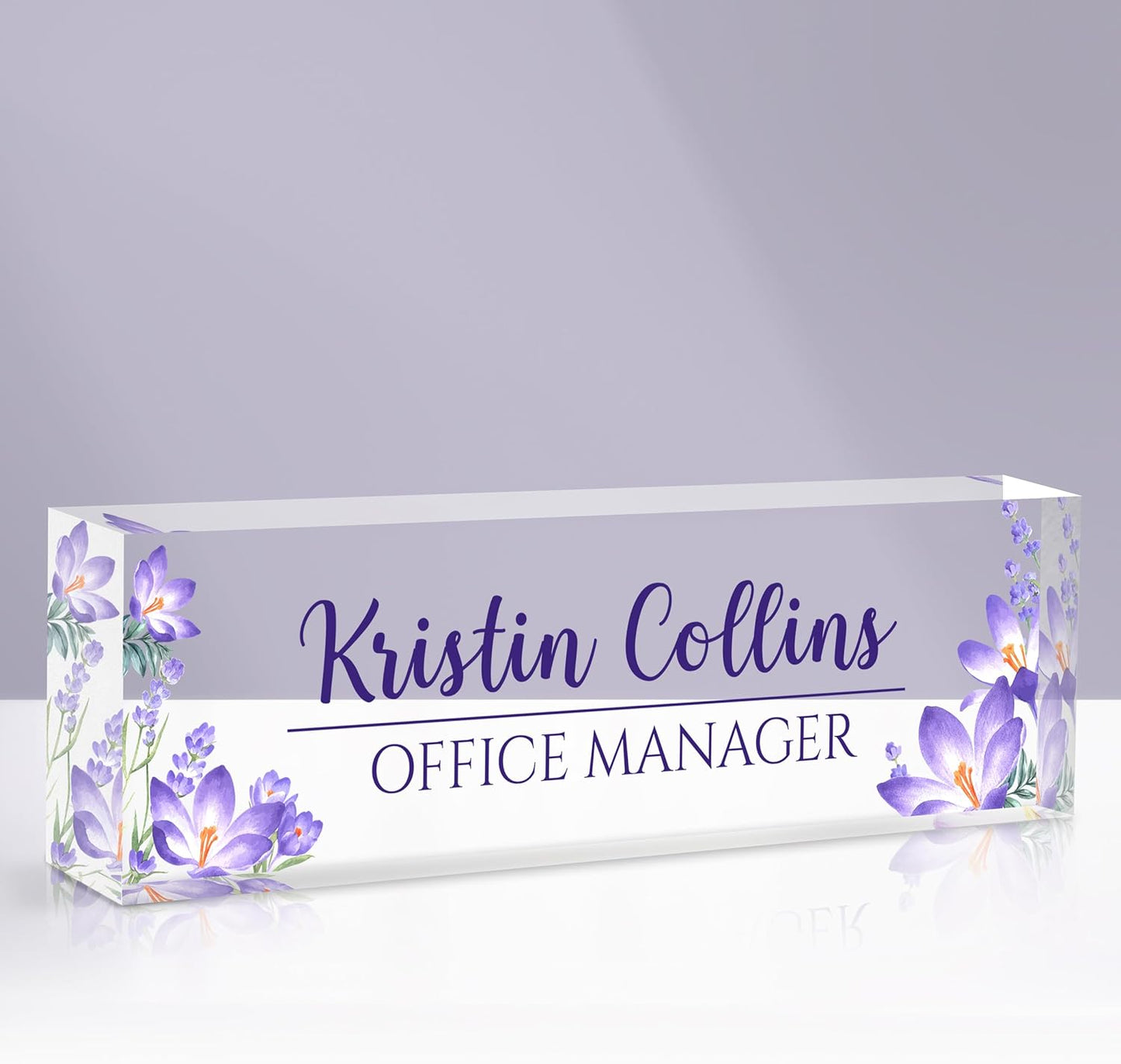 Custom Name Plate for Desk, Acrylic Office Decor For Women Men, Personalized Office Desk Accessories, Teacher Employee Appreciation Gifts For Social Worker Boss Coworkers (Purple Flower-1)