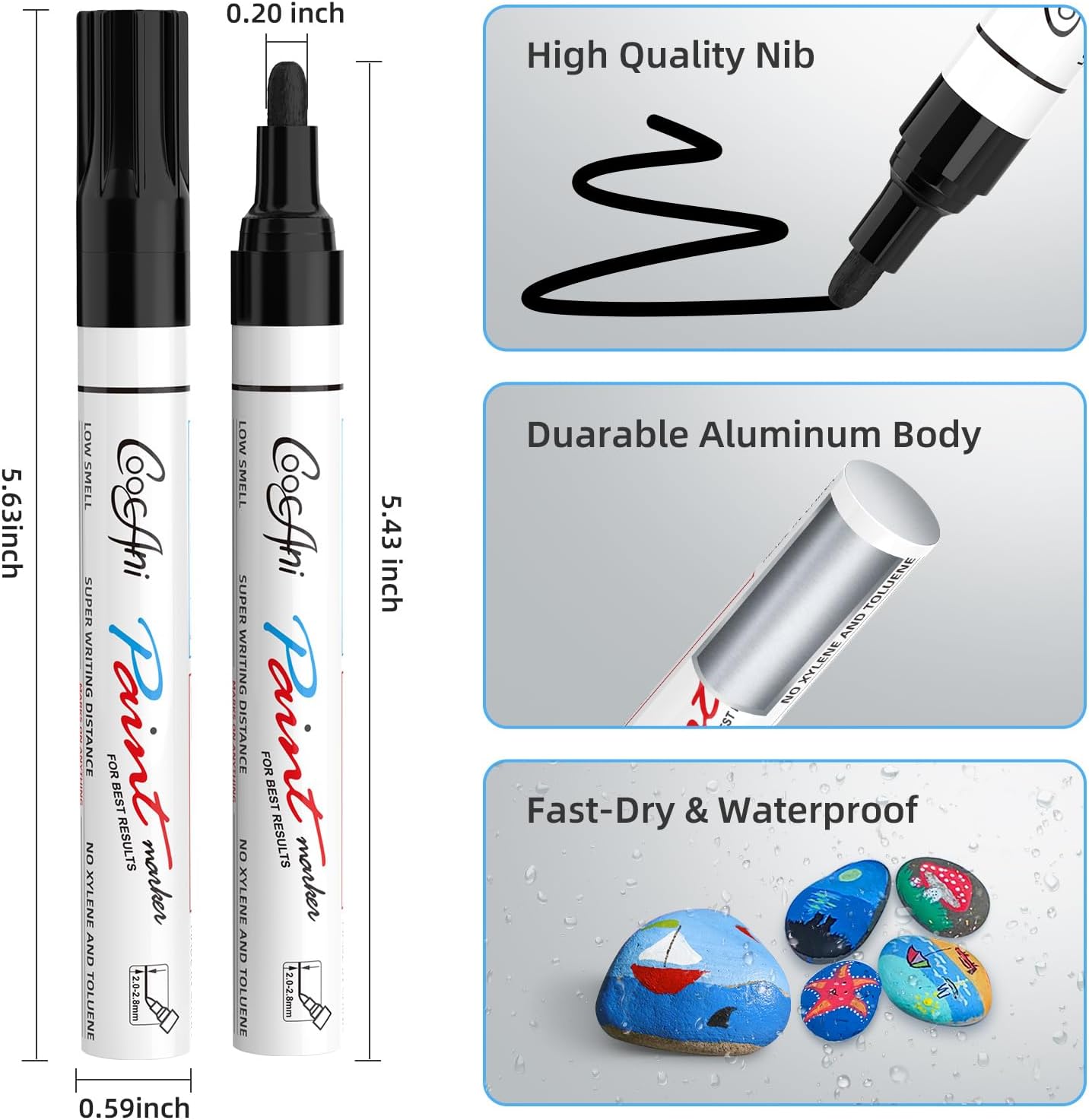 2 Pack Black Paint Markers, Oil Based Quick Drying and Waterproof Paint Markers for Wood, Rock Painting,Metal,Canvas,DIY Crafts,Art Supplier,Medium Point Tip (Black)