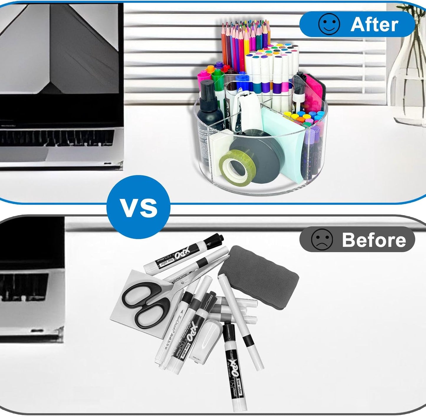 Acrylic Rotating Pen Holder for Desk, 360 Degree Clear Pencil Holder Crayon Organizers for Kids, 6 Compartments Marker Organizer for Office, Art Supply Storage Organizer for School Home