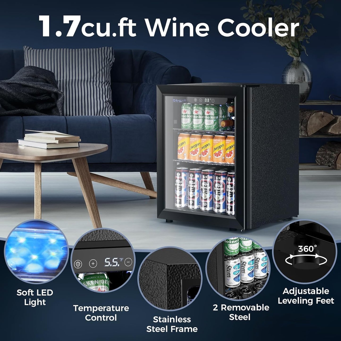 1.7 Cu.ft Beverage Refrigerator Cooler, 68 Can Mini Fridge Glass Door with Adjustable Shelves, Digital Temperature Display, Freestanding Small Drink Fridge for Home, Office or Bar(Black)