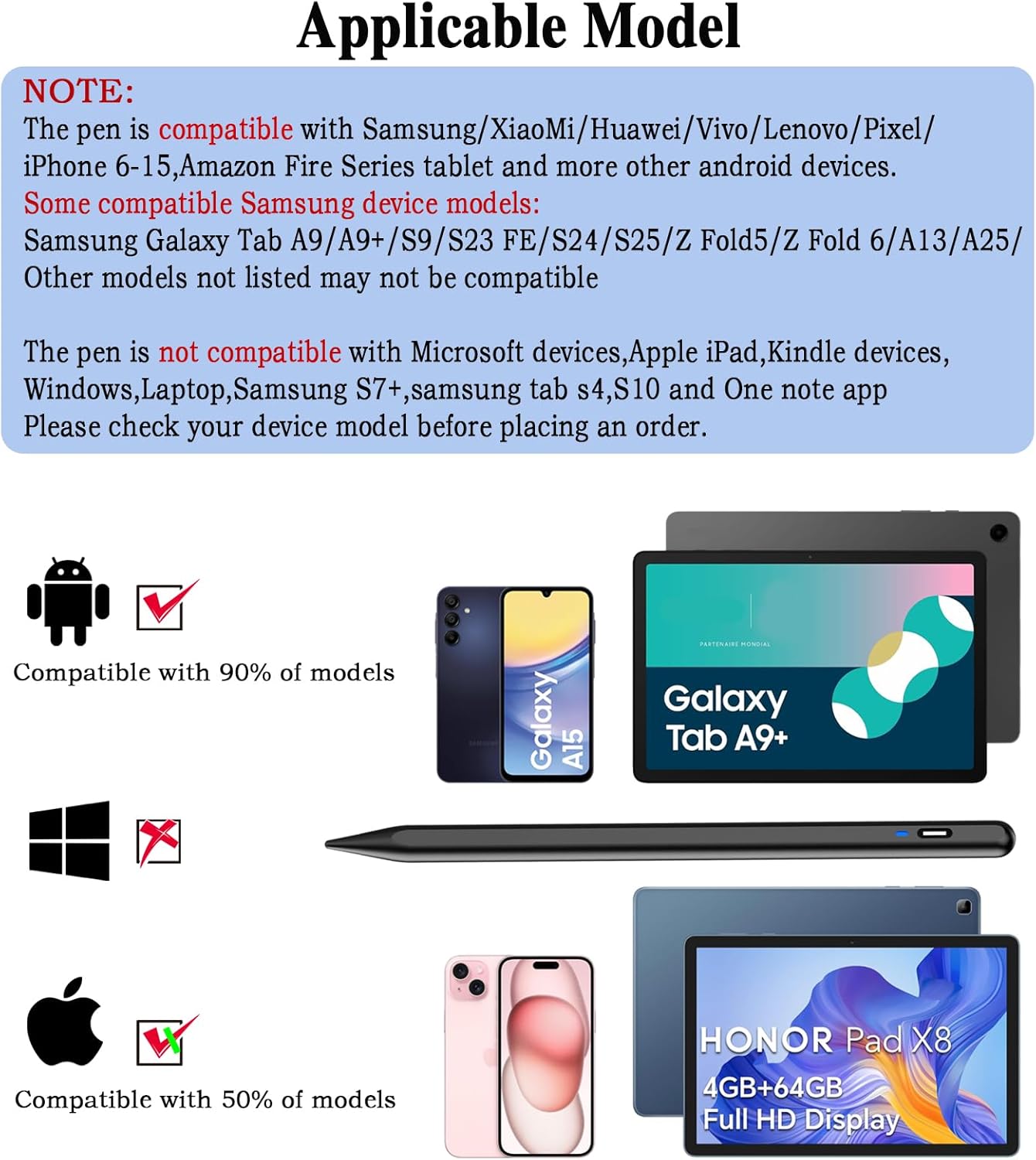 Stylus Pen for Android Tablet, Pom Tip Tablet Pencil for iOS/Android,Rechargeable Active Stylus Pen for iPhone/Samsung/XiaoMi/Huawei/Vivo/Lenovo/Pixel and Other Android Smartphones and Tablets-Black