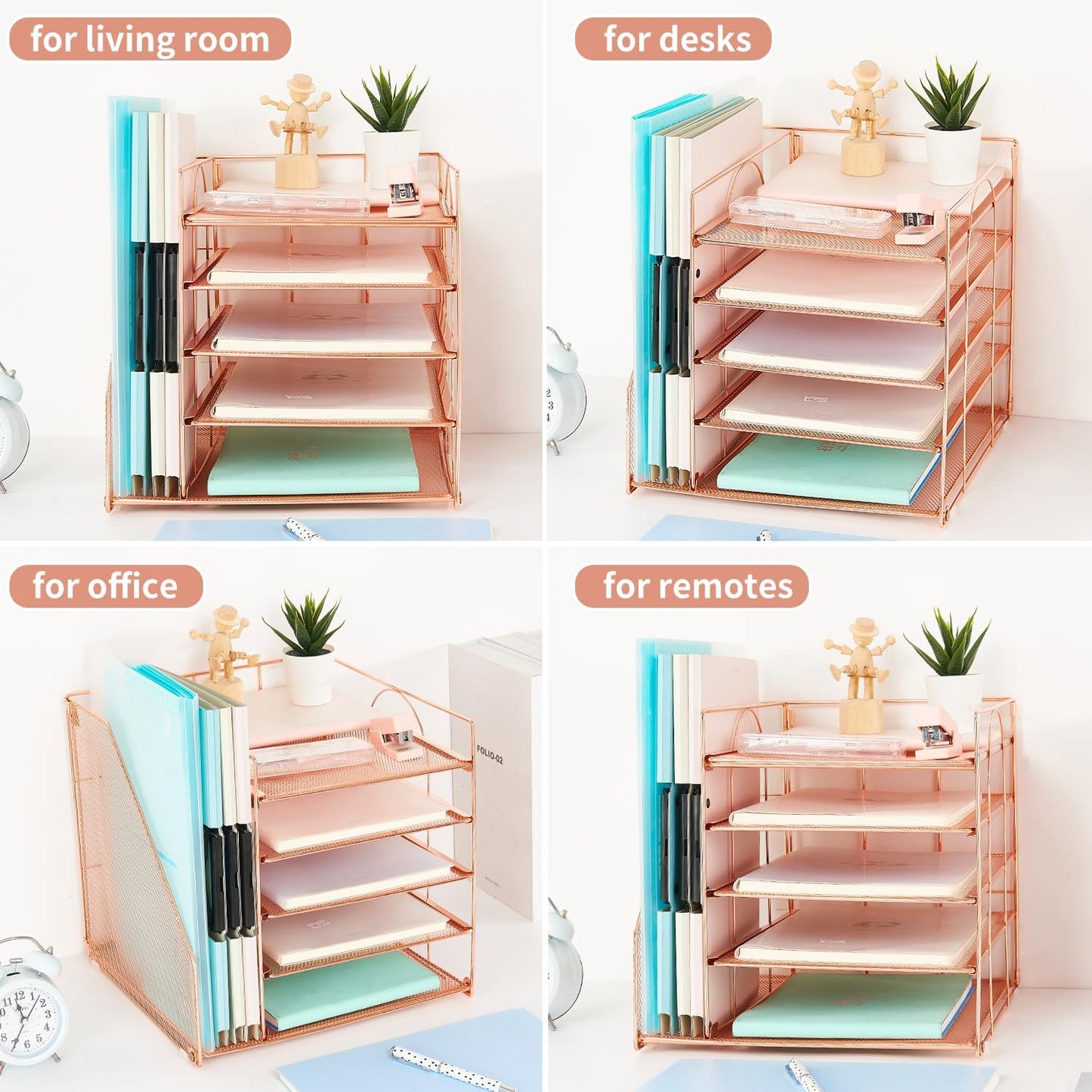AUPSEN Desk Organizer with File Holder, 5 Trays Paper Letter Tray Organizer, Mesh Desk Organizers and Accessoriesand for Home Office (Rose Gold)