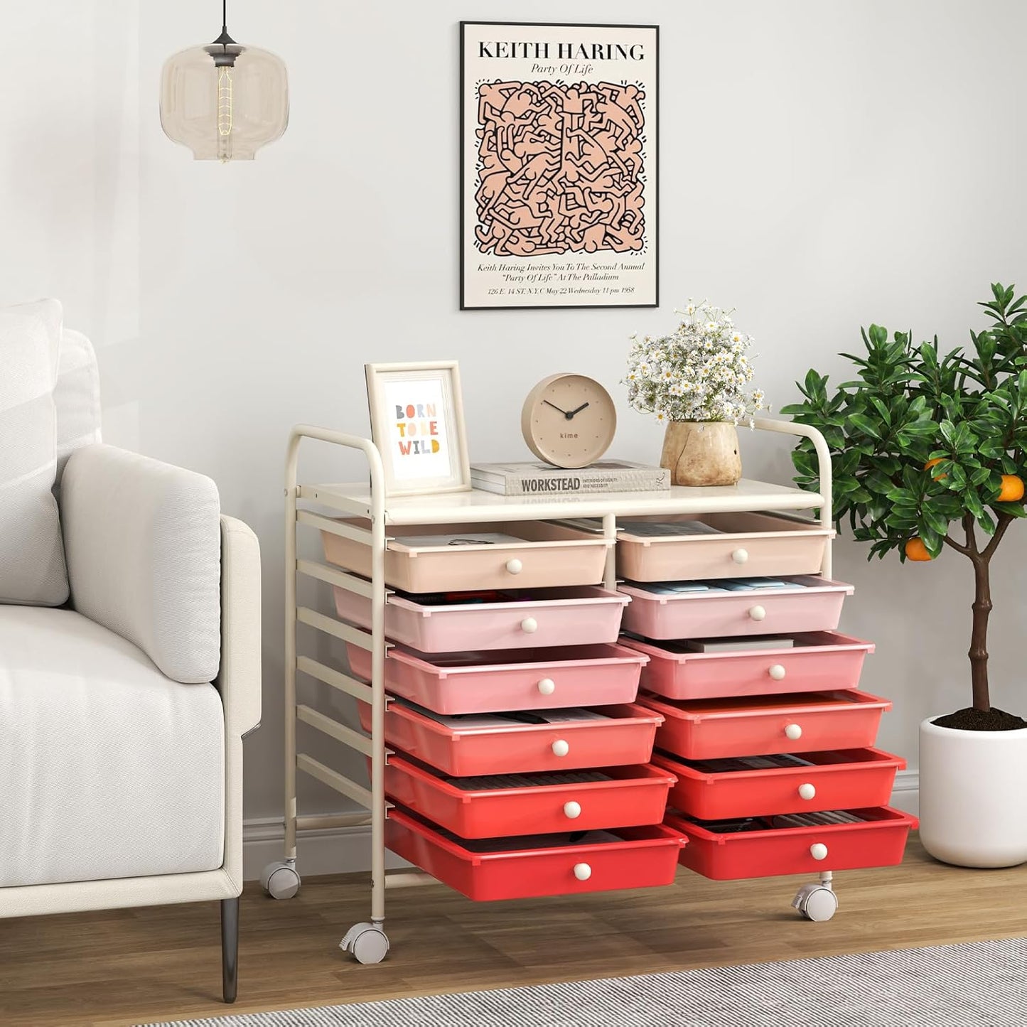 Giantex 12 Drawers Rolling Cart, Mobile Storage Drawer Cart, Classroom Organizer Cart for Office School Supplies Tools Scrapbook Paper Craft Small Printer, Utility Cart on Wheels, Pink Gradient