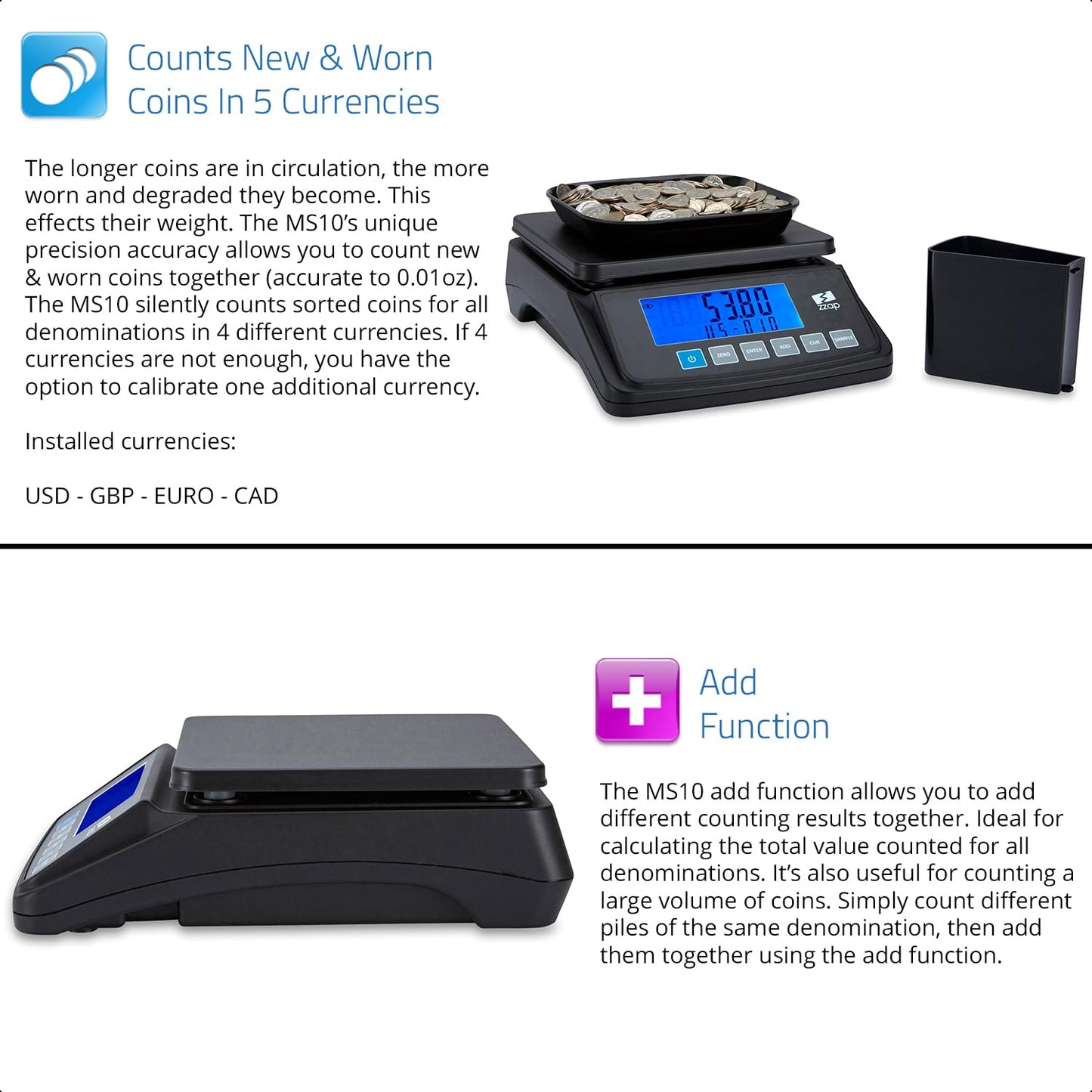 ZZap MS10 Coin Counting Scale - Money Cash Currency Weighing Machine
