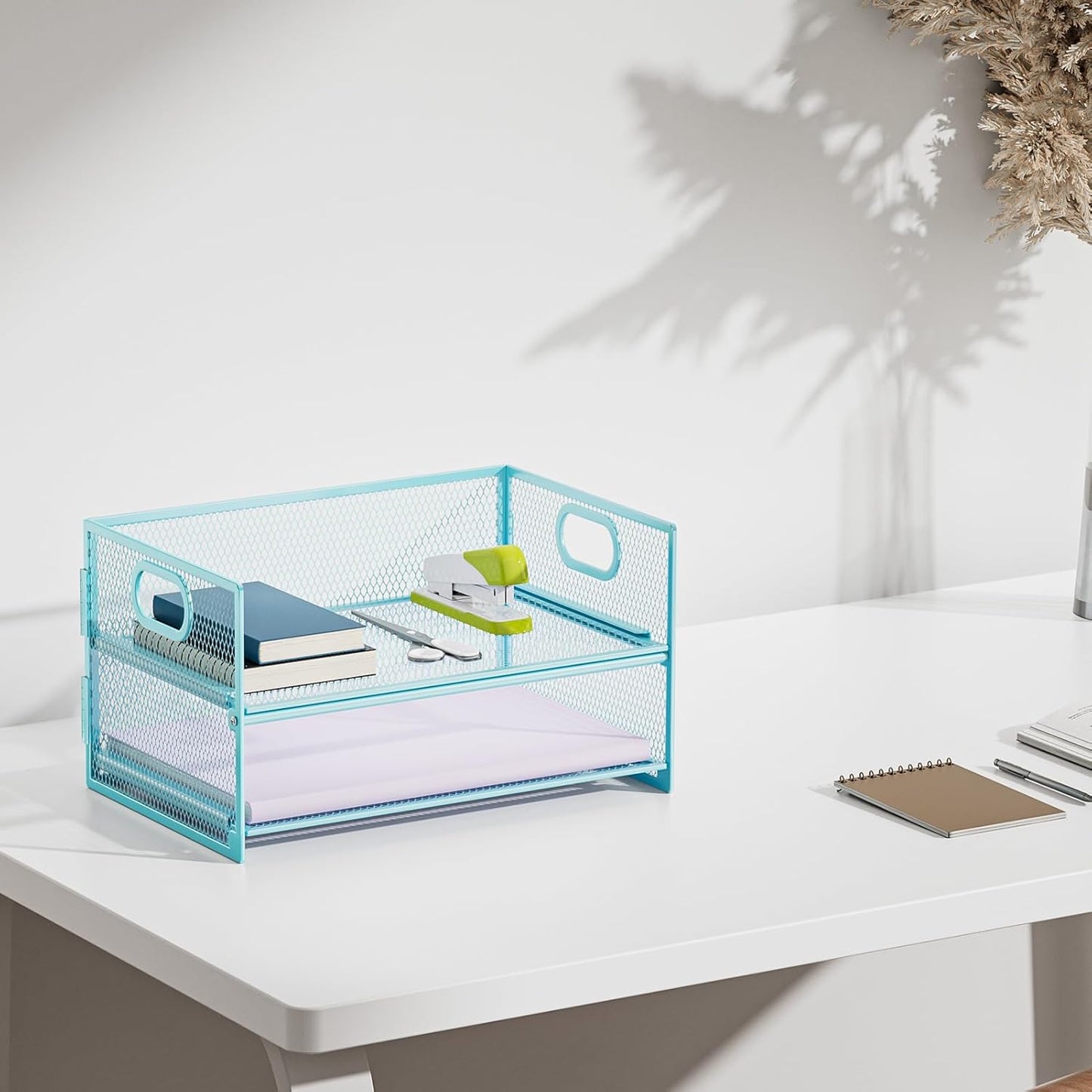 Marbrasse 2 Tier Paper Organizer Letter Tray, Mesh File Organizer with Handle, Paper Sorter Desk Organizer for Home Office Supplies - Blue