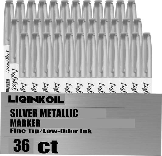 Silver Metallic Markers Pens Bulk of 36 Pack, 2mm Felt Fine Tip for Art, Crafts, Drawing, DIY Projects, Office Supplies, Gift Card Making