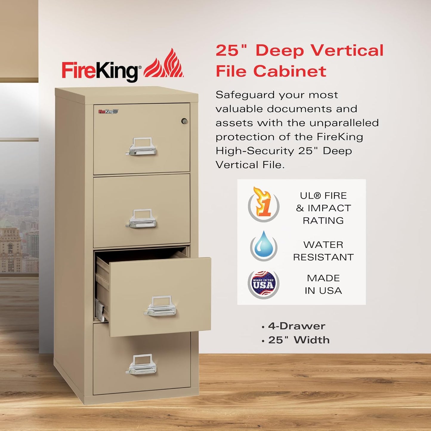 FireKing Fireproof Vertical File Cabinet (4 Letter Sized Drawers, Impact Resistant, Water Resistant), 52.25" H Parchment, 18 W x 25 D, (41825CPA)