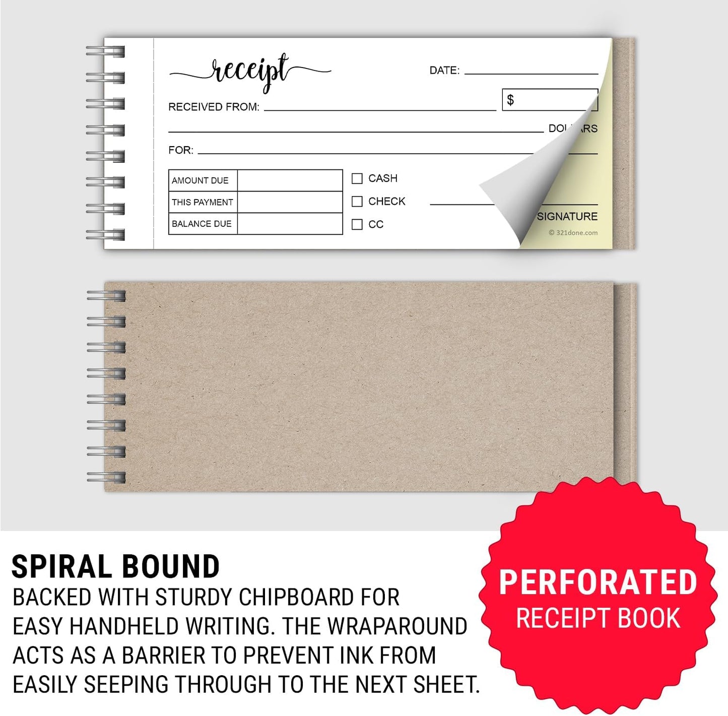 321Done 2-Pack Spiral Receipt Book, Made in USA - 2-Part Carbonless Spiral Bound 2.75x6, Receipt Book with Carbon Copies for Small Business - 100 White/Yellow Sets