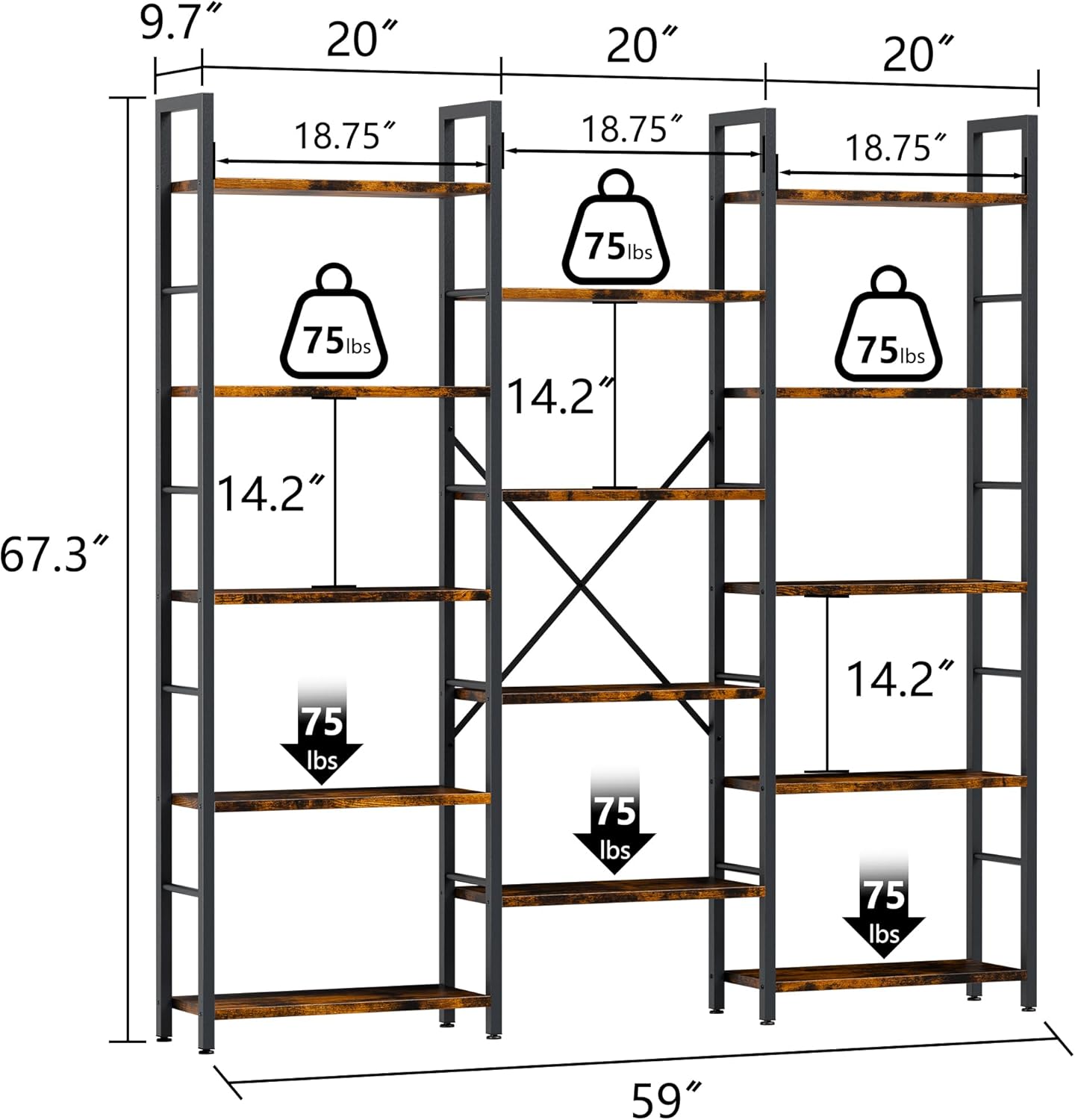 Shintenchi Triple Column 5 Tier Bookshelf, Industrial Large Bookcase with 14 Open Display Shelves, Large Etagere Bookshelf,Wide Book Shelf Book Case for Home & Office, Rustic Brown