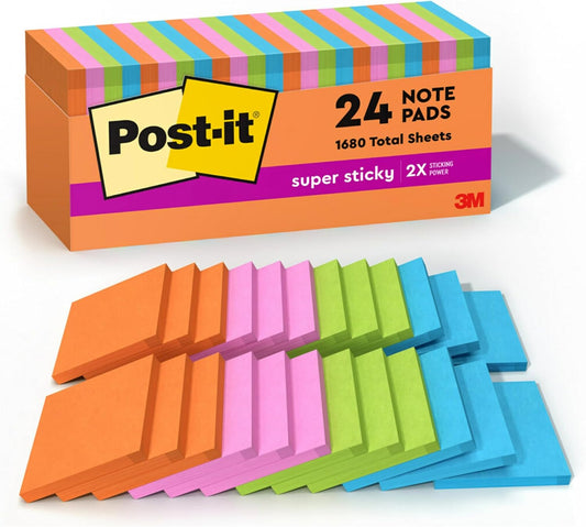 Post-it Super Sticky Notes, 24 Sticky Note Pads, 3 x 3 in., School Supplies, Office Products, Sticky Notes for Vertical Surfaces, Monitors, Walls and Windows, Energy Boost Collection
