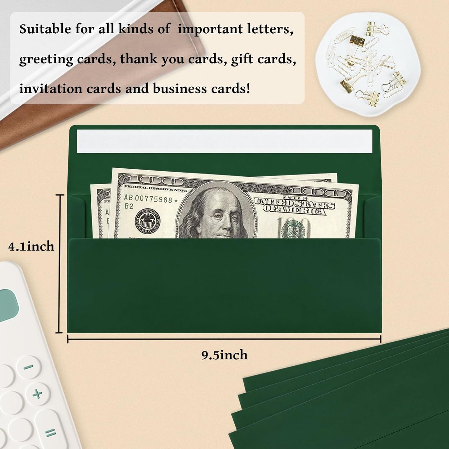 100 Pack #10 Business Envelopes, Dark Green Standard Envelopes Self Seal, Letter Size Mailing Envelopes for Checks Letters Invoices Statements Christmas Birthday Graduation Wedding, 4 1/8 x 9 1/2 Inch