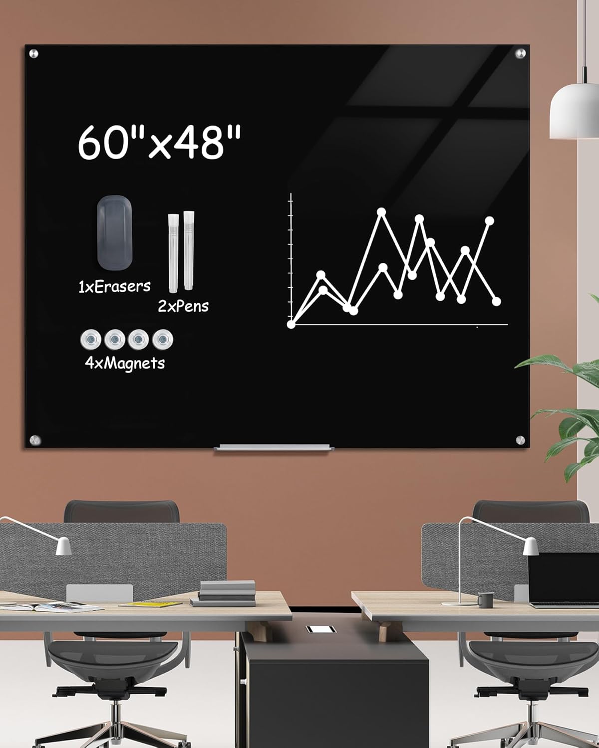 Magnetic Glass Whiteboard，60"x48" Wall Mounted Frameless Dry Erase Board for Office, Home & School Black