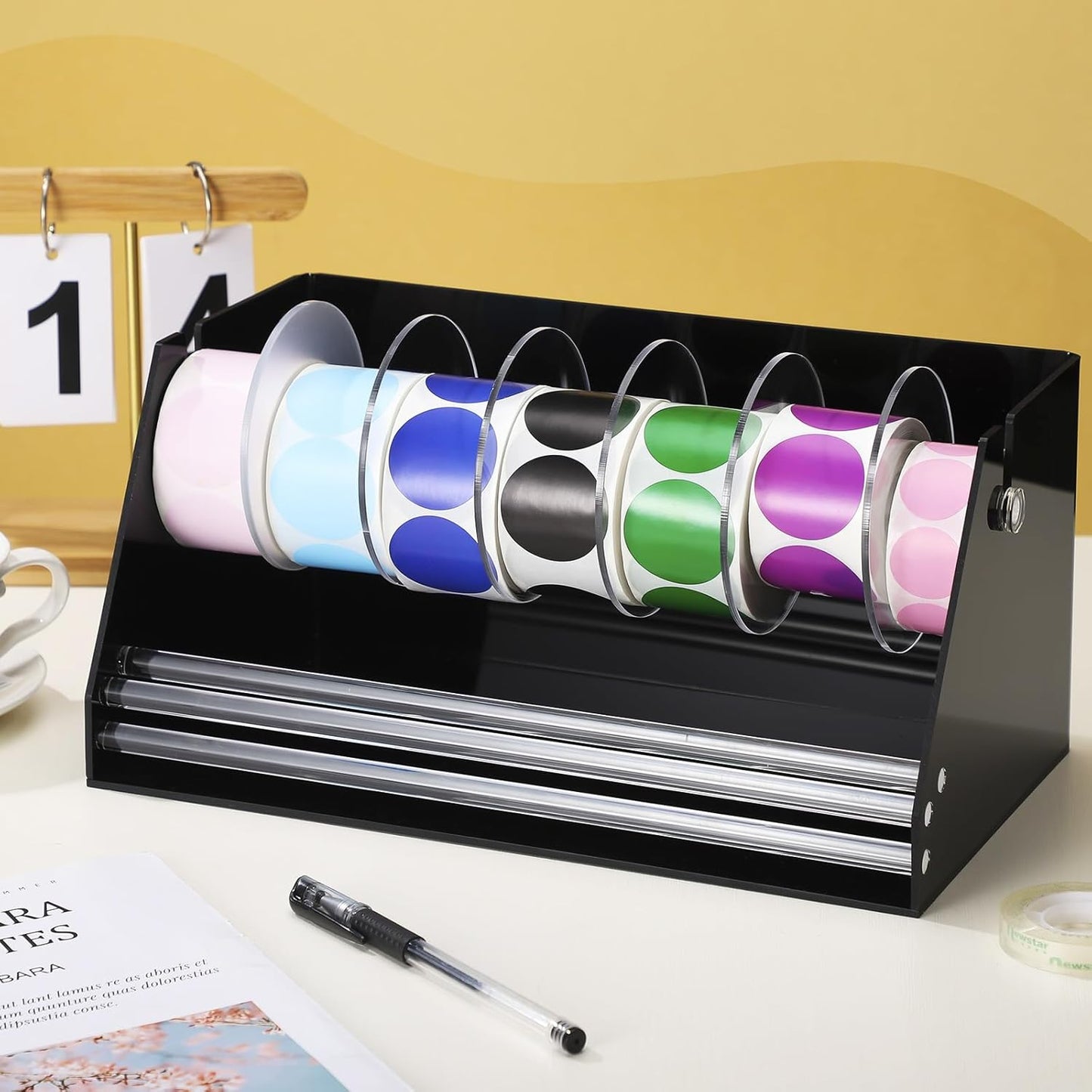 Adjustable Label Dispenser Acrylic Sticker Roll Dispenser Label Roll Holder Multi Use Sticker Holder Organizer Stand for School Gifts and Home Office Desktop(7 Disks)
