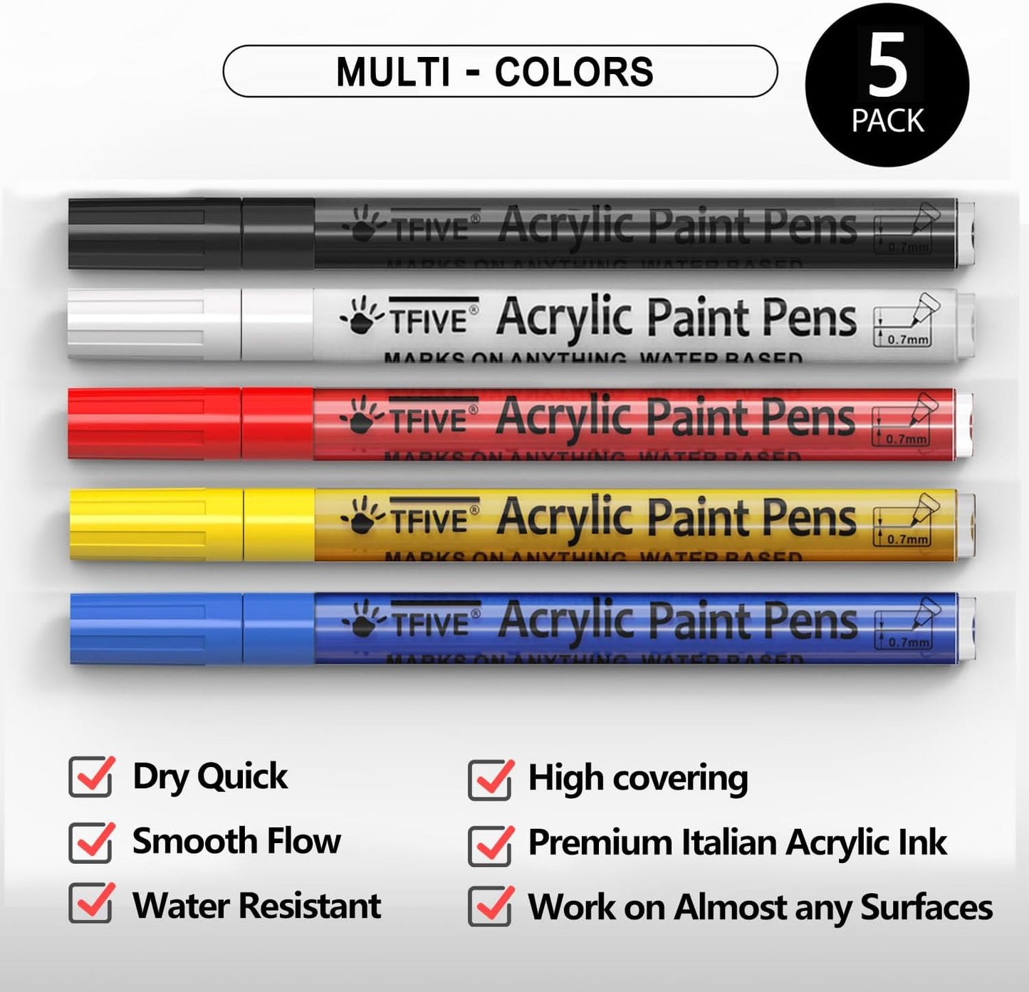 TFIVE Paint Marker Pens - 5 Colors Acrylic Permanent Marker, 0.7mm Extra Fine Tip for Art Projects, Drawing, Rock Painting, Ceramic, Glass, Wood, Plastic, Metal, Canvas DIY Crafts