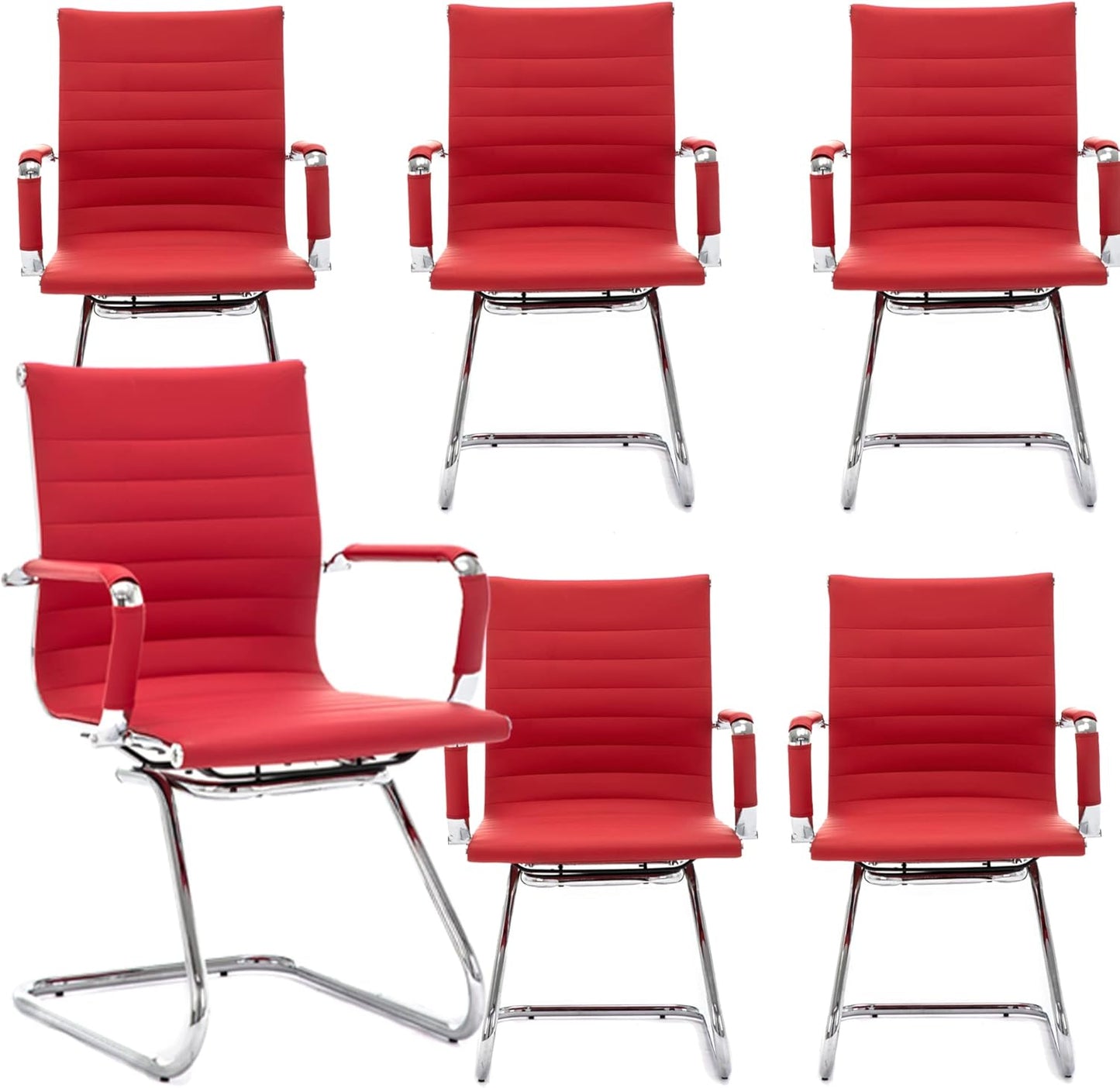 Office Desk Chair No Wheels Set of 6 PU Leather Computer Chairs Mid Back Guest Chairs for School Reception Conference Waiting Room, Deep Red