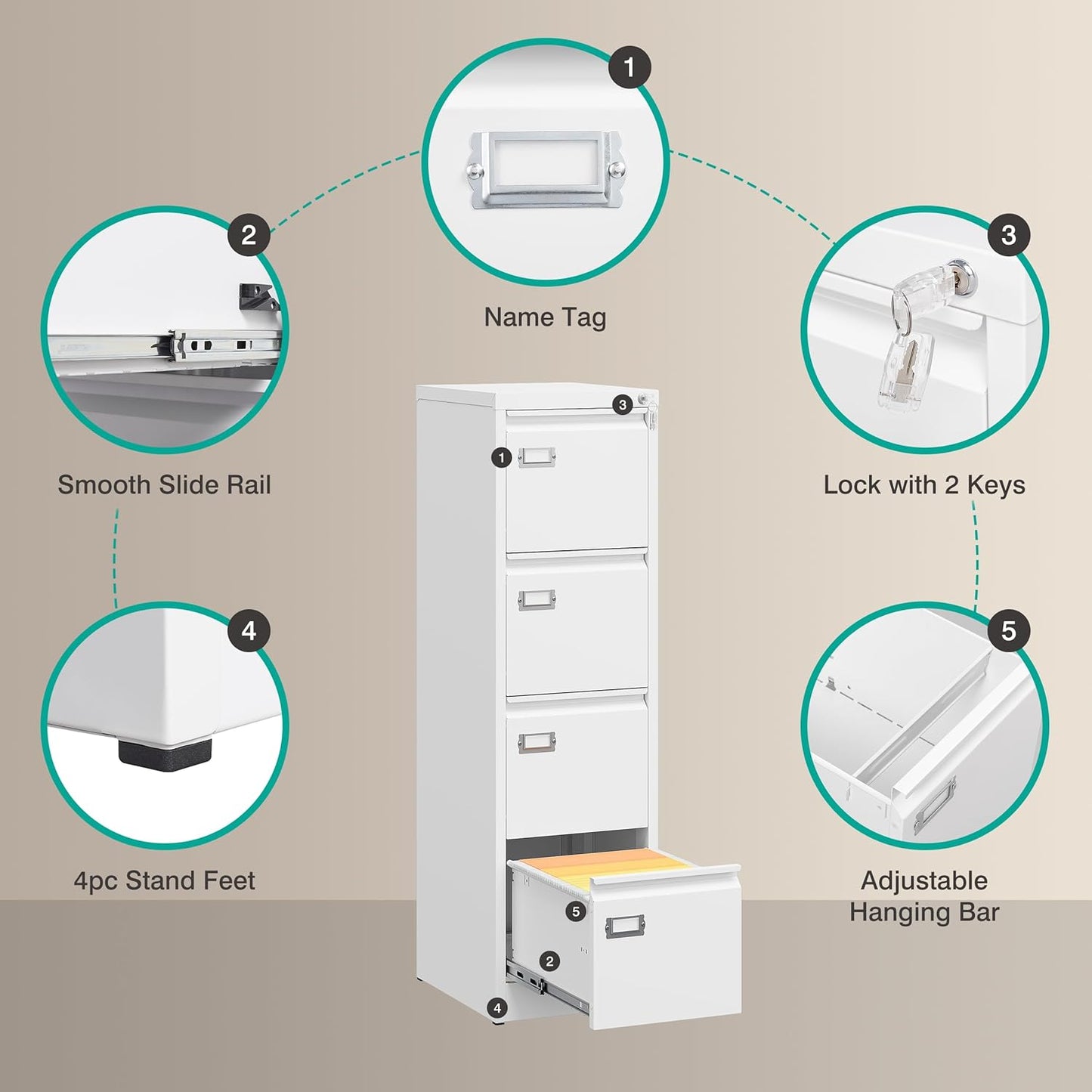 SISESOL 4 Drawer File Cabinet with Lock and Tag,White Vertical File Cabinet,Narrow Locking Filing Cabinets with Drawers,Metal Filing Storage for Home Office Fit A4 Legal/Letter Size,-Assembly Required