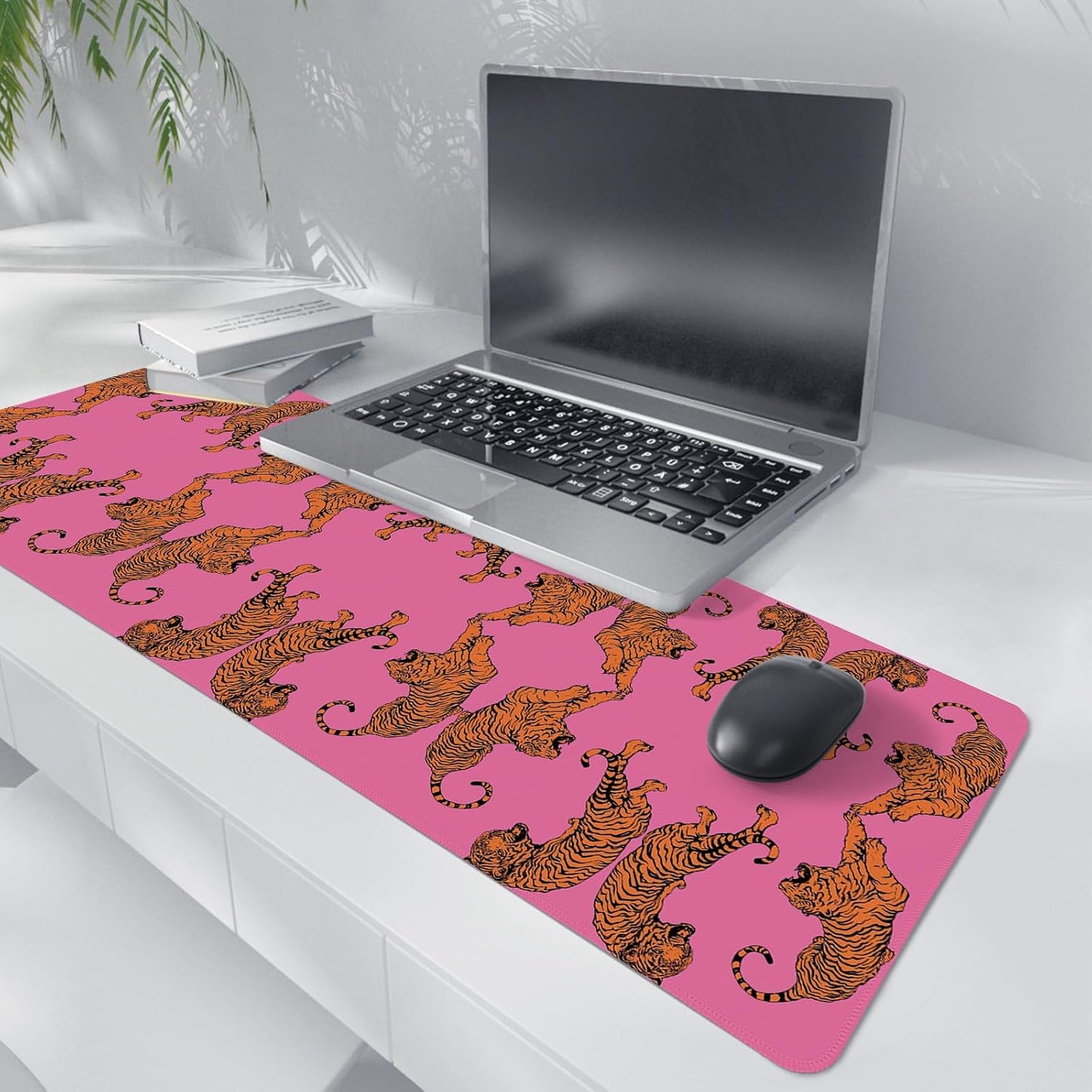 Pink Tiger Decor Desk Mat, Large Girly Cheetah Mouse Pad, Leopard Print Desk Mat for Girls Dorm Home Office Decor, Tiger Mouse Pad Desktop Decor,31.5x11.8