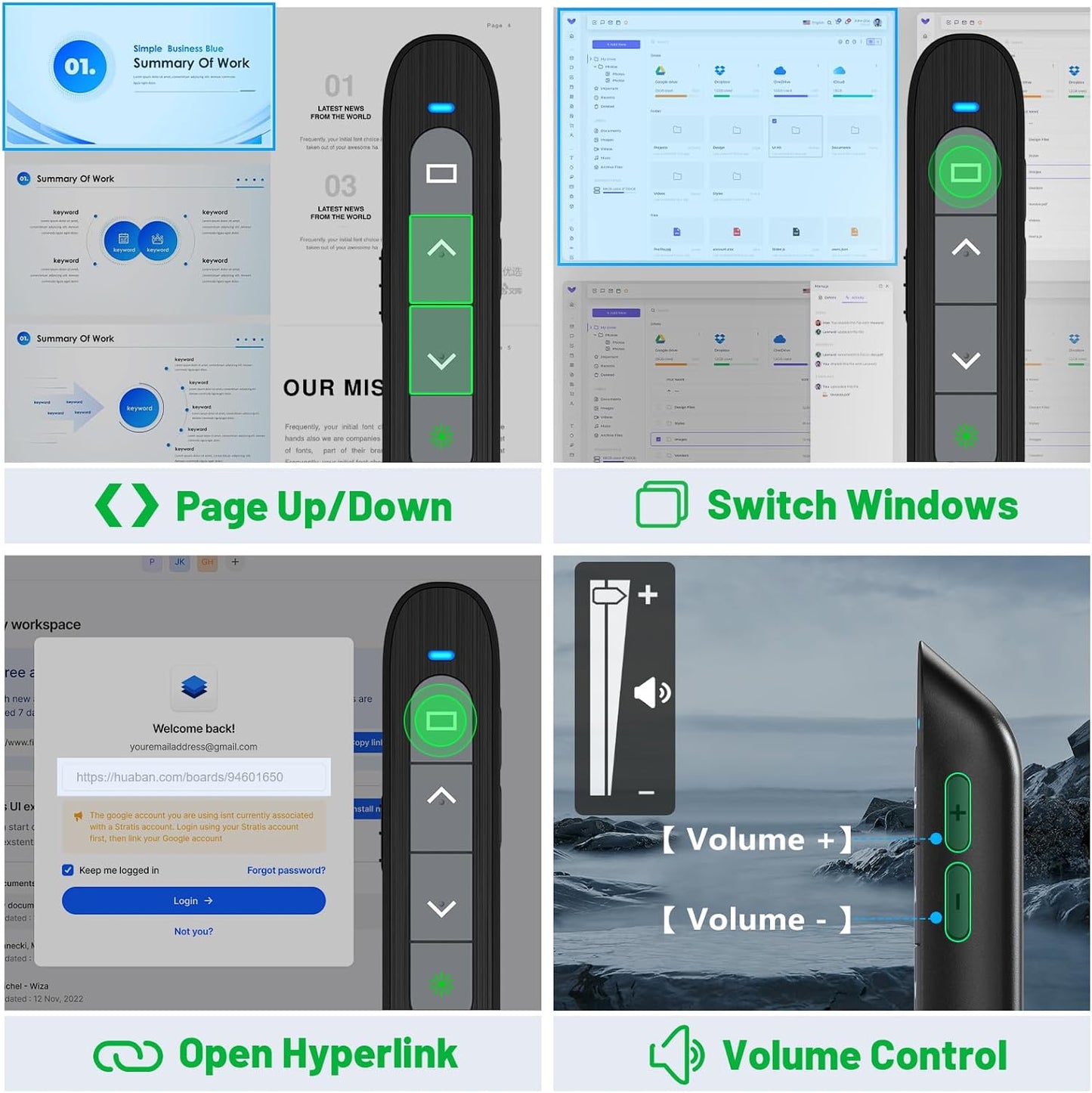 Presentation Clicker for Powerpoint with Green Light Pointer, 2-in-1 USB Type C Rechargeable Wireless Clicker with Hyperlink Volume Control, Pointer for Presentations Support Mac Windows
