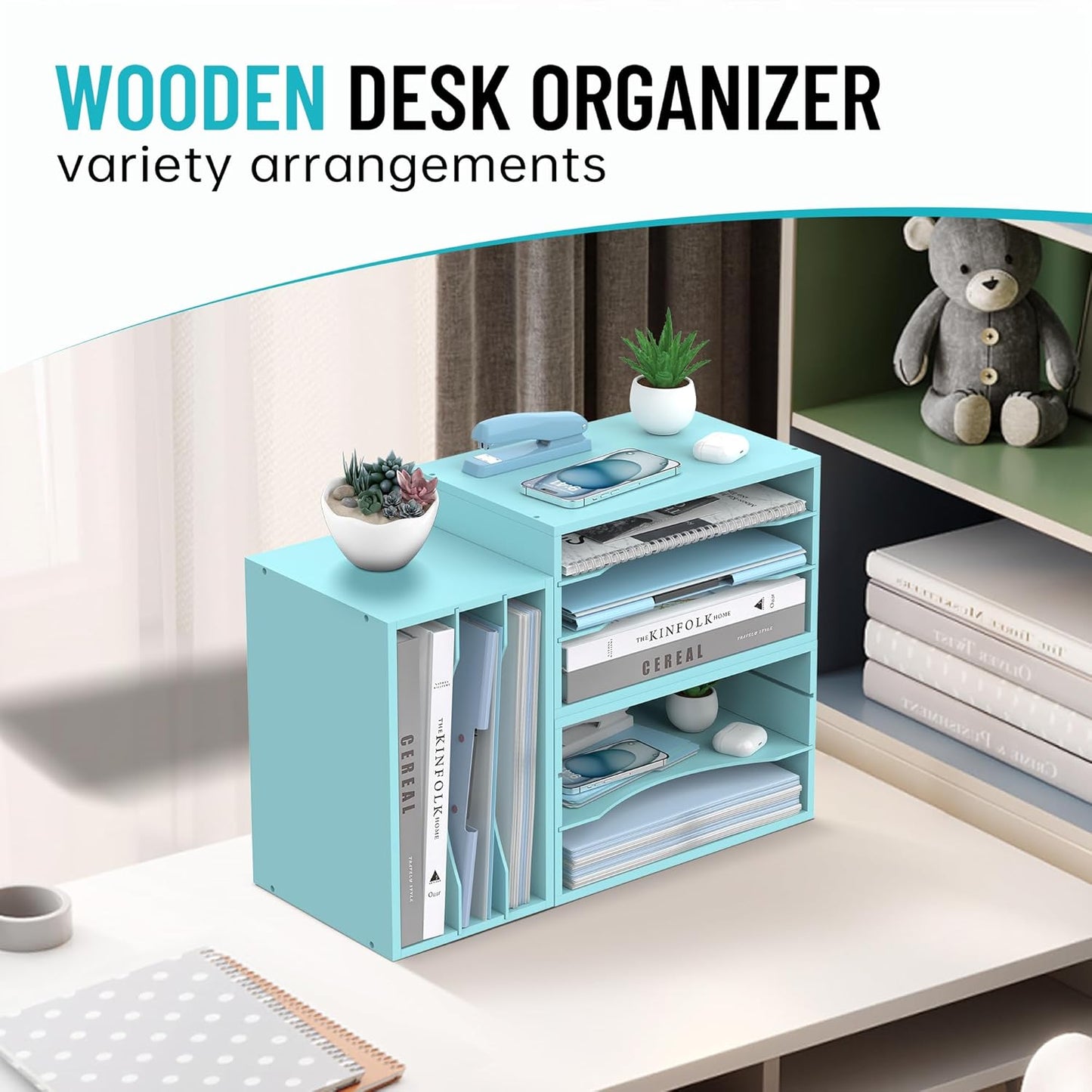 Wood Desk Organizer, 3 Tier Paper Tray Organizer for Desk with Adjustable Storage Shelves, Desktop Paper Sorter Mail Holder for Office Home Classroom, Blue