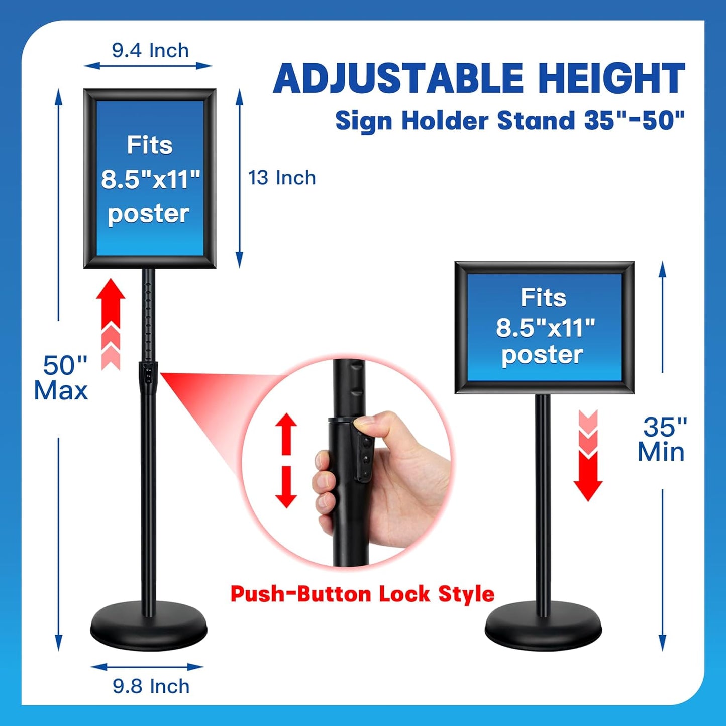 4Pack Sign Holder Stand - 8.5x11 Inch Adjustable Floor Standing Sign Stand for Display, Pedestal Poster Stand for Vertical & Horizontal View, Indoor & Outdoor Use for Business & Store - Black