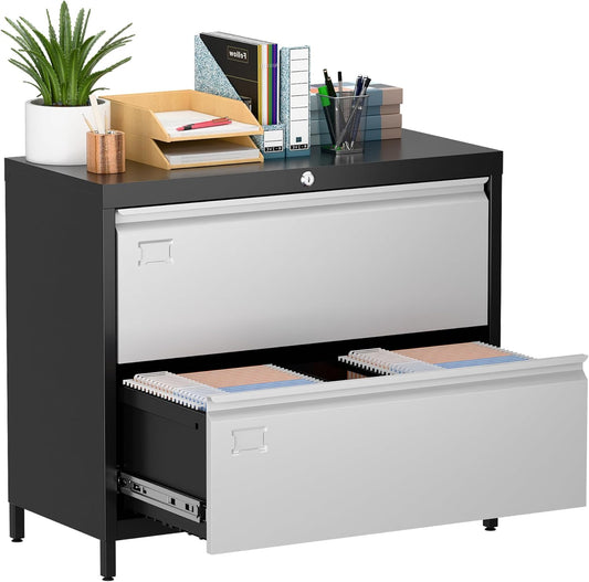 Metal 2 Drawer Lateral File Cabinet with Lock & Adjustable Feet - Wide Filing Cabinet for Letter/Legal/F4/A4 Hanging Files - Includes Business Card Holder,Home Office School Storage,Black/Grey