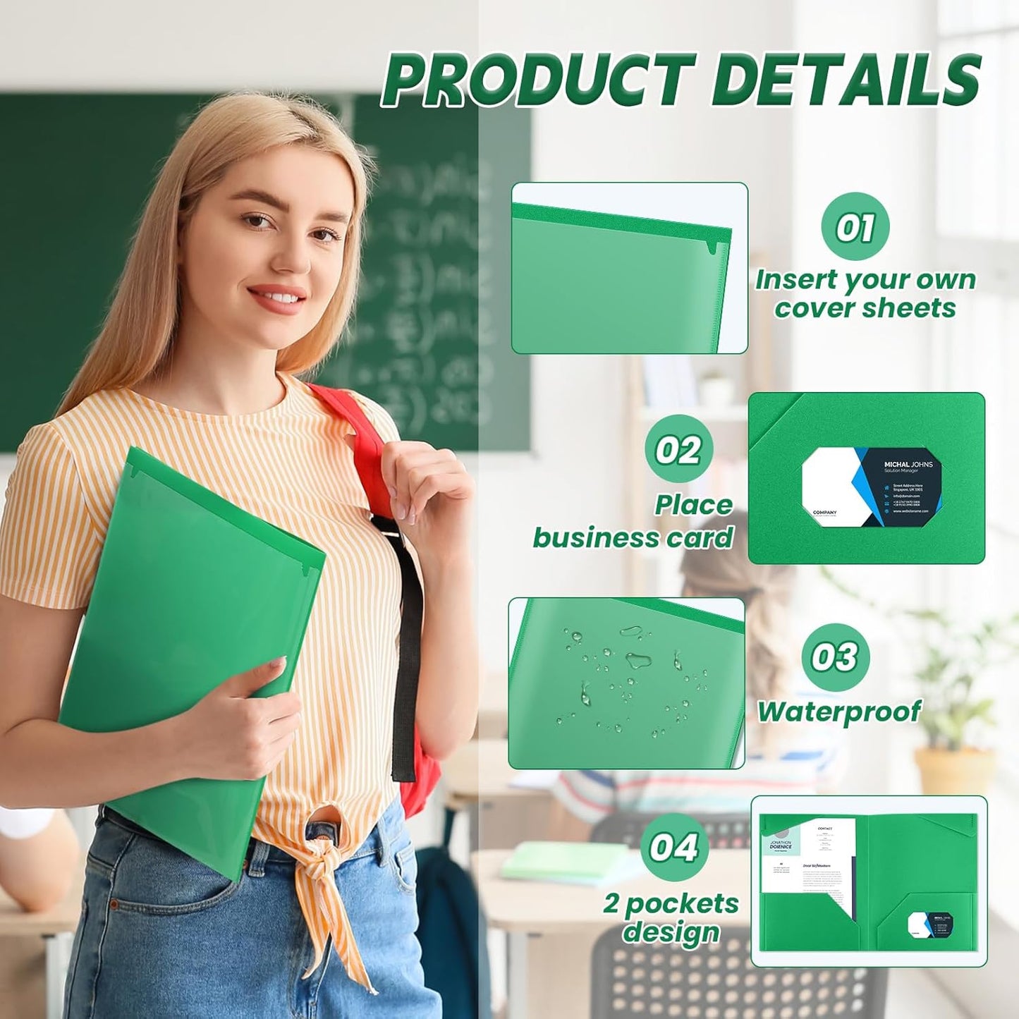 Henoyso 150 Pcs Plastic Folders with Clear Front Pockets Bulk Heavy Duty File Folders with 2 Pockets and Card Slot for Student Teacher Back to School Supplies Office Presentation (Green)