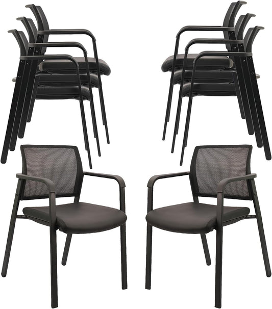 CLATINA Stackable Office Chair, Mesh Back Guest Chairs with Comfortable Leather Seat Arms Stacking Ergonomic Desk Chair No Wheels for Conference Waiting Reception School Stationary, Black, Set of 8