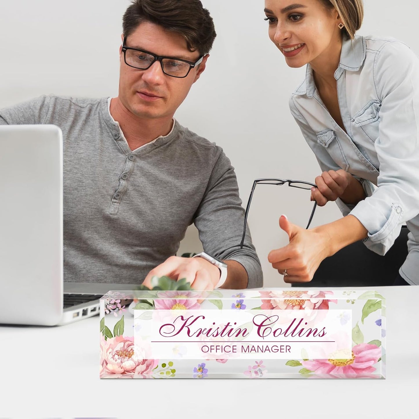 Custom Name Plate for Desk, Acrylic Office Decor For Women Men, Personalized Office Desk Accessories, Teacher Employee Appreciation Gifts For Social Worker Boss Coworkers (Flowers-3)