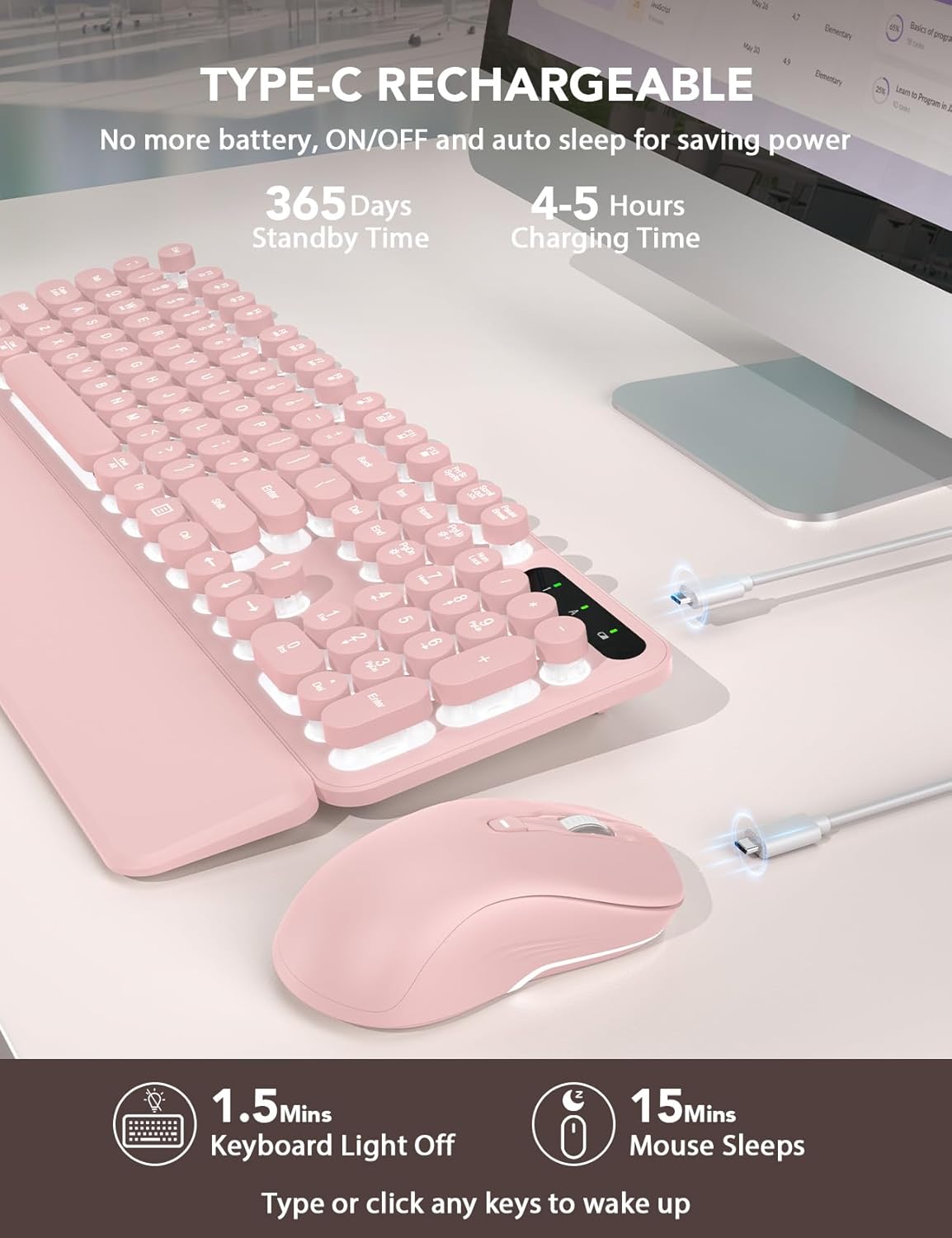 Wireless Keyboard and Mouse Backlit - Typewriter Keyboard with Retro Round Keycaps, Detachable Wrist Rest, Light Up Letters, 2.4G Rechargeable Combo for Mac, Windows, PC, Laptop, Trueque (Pink)