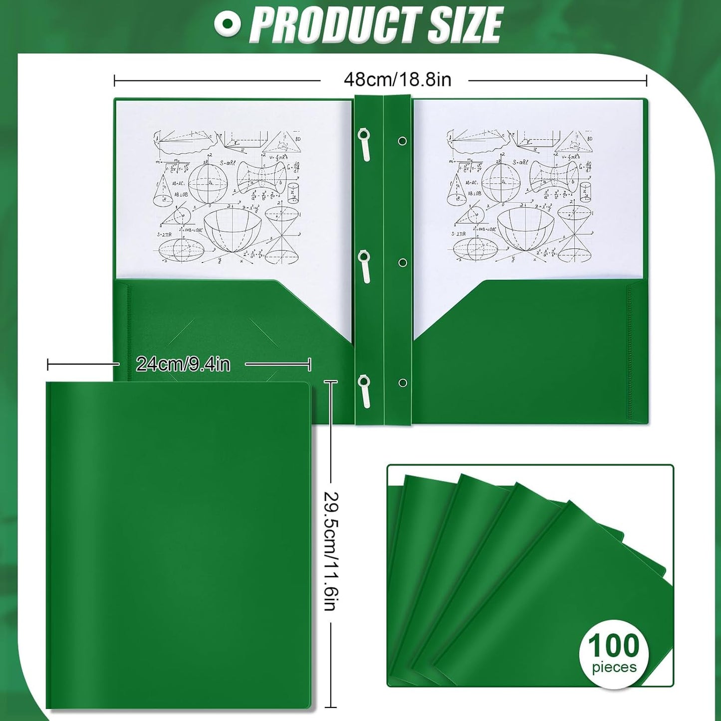 Lincia 100 Pcs Plastic Folders with Pockets and Prong Folders with Prongs 2 Pockets for Office, School for Students, Teachers, Office Workers(Deep Green)