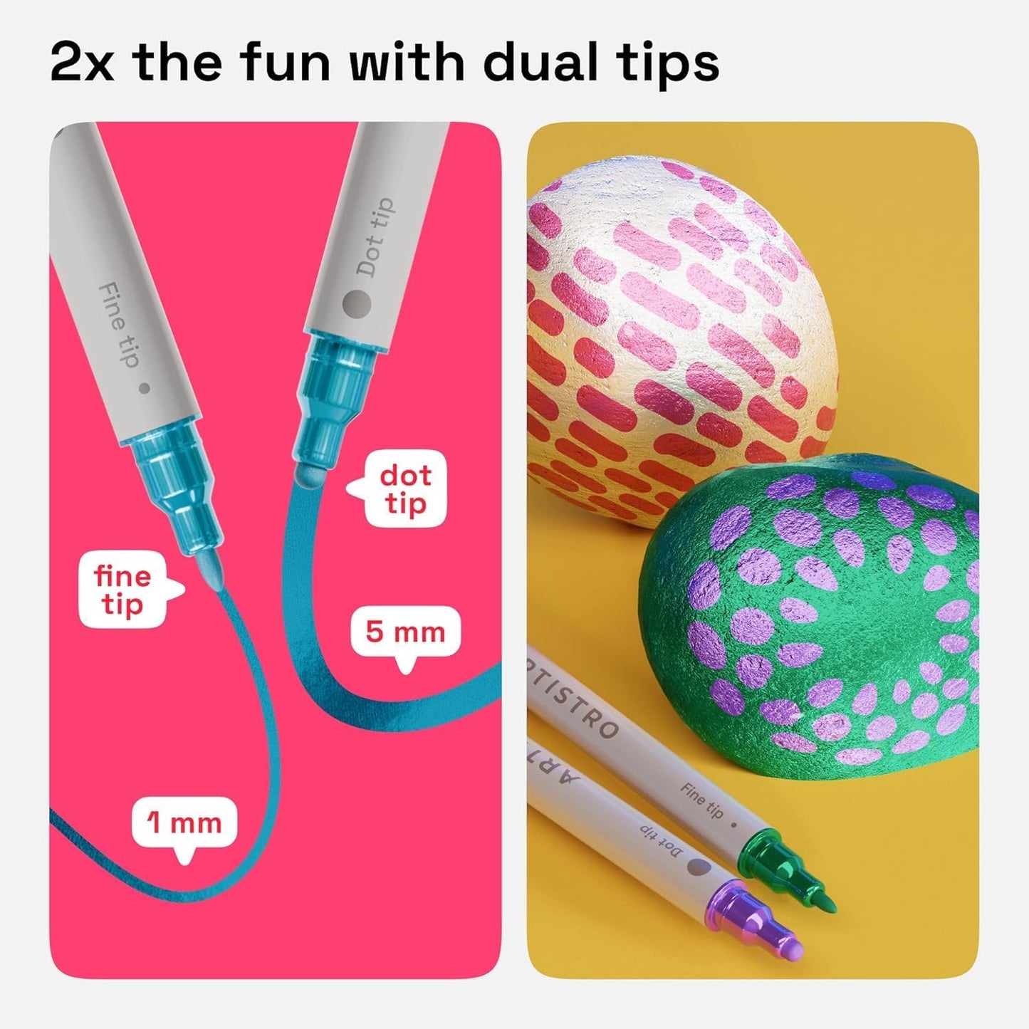 ARTISTRO 24 Metallic Dual-Tip Acrylic Paint Markers for Rock, Canvas, Glass, Wood, & More Fine + Dot Tips