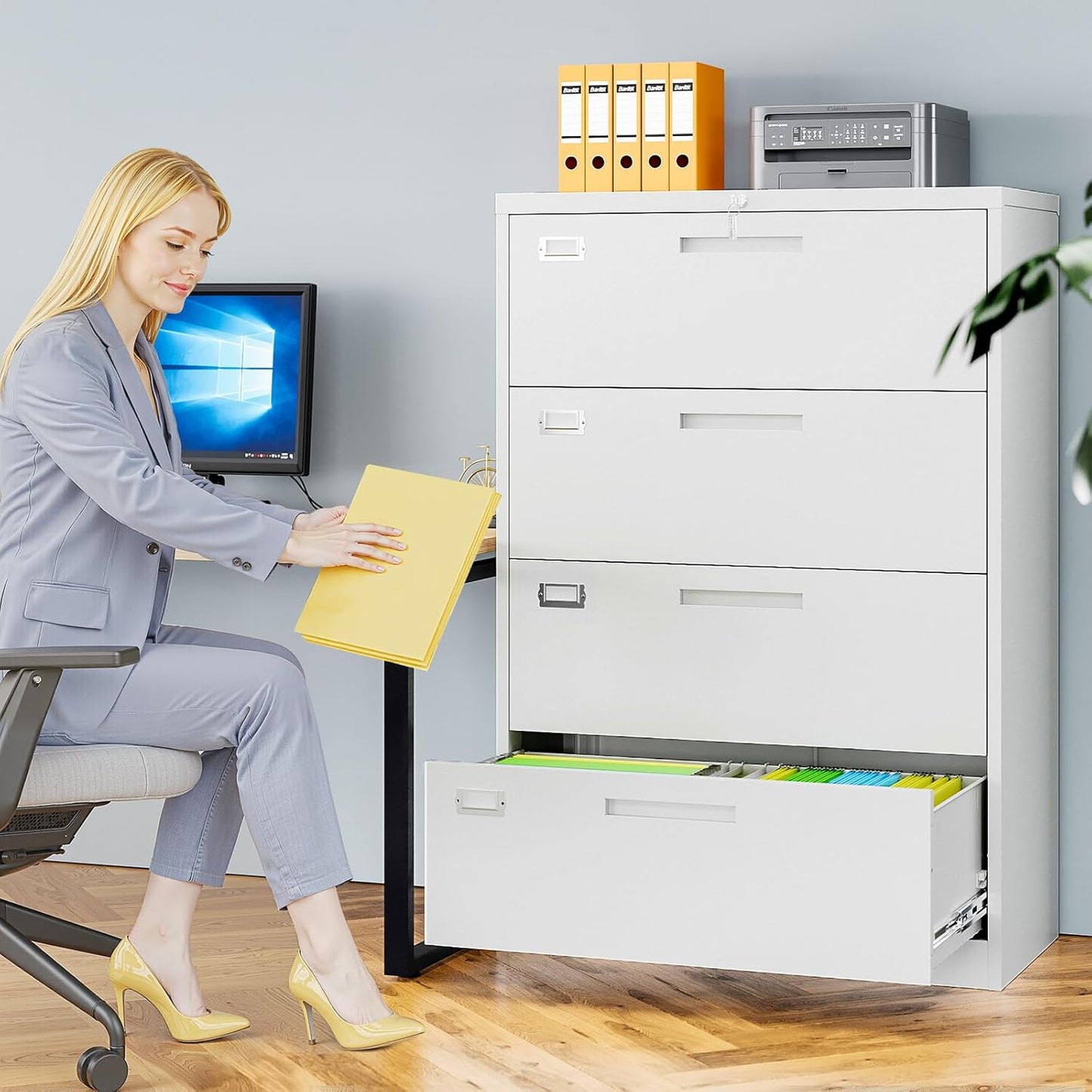 4 Drawer File Cabinets for Home Office, Metal Filing Cabinet with Lock, White Locking File Caninet Four Drawer, Office Storage Caninets Steel Cabnet for Letter/Legal/A4/F4-Assembly Required