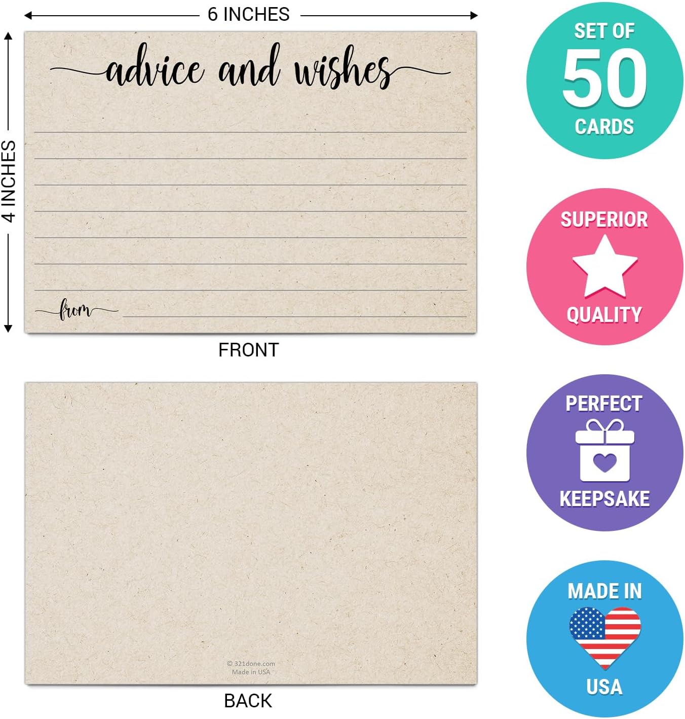321Done Advice and Wishes Cards, Made in USA - 4x6 Kraft Tan, Blank Well Wishes for Wedding, Bridal, Mr and Mrs, Retirement, Baby Shower, Words of Wisdom - Pack of 50