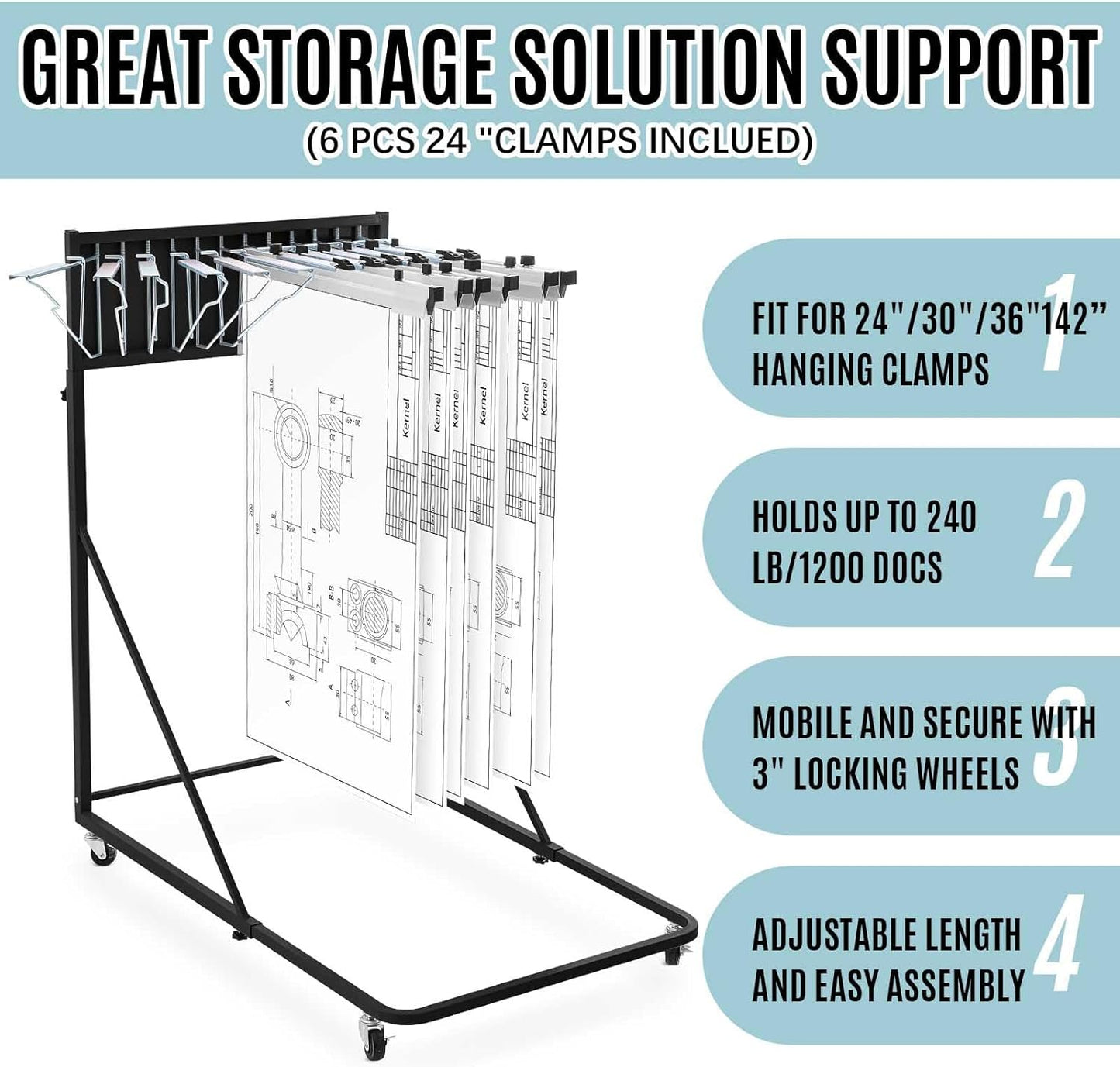 Estune Mobile Blueprint Holder Rack, Adjustable Mobile Blueprint Holder with 6 24 In Hanging Clamps 4 Wheels Poster Display Rack Storage Organizer Stand for File Display Plan Office Home(Black)