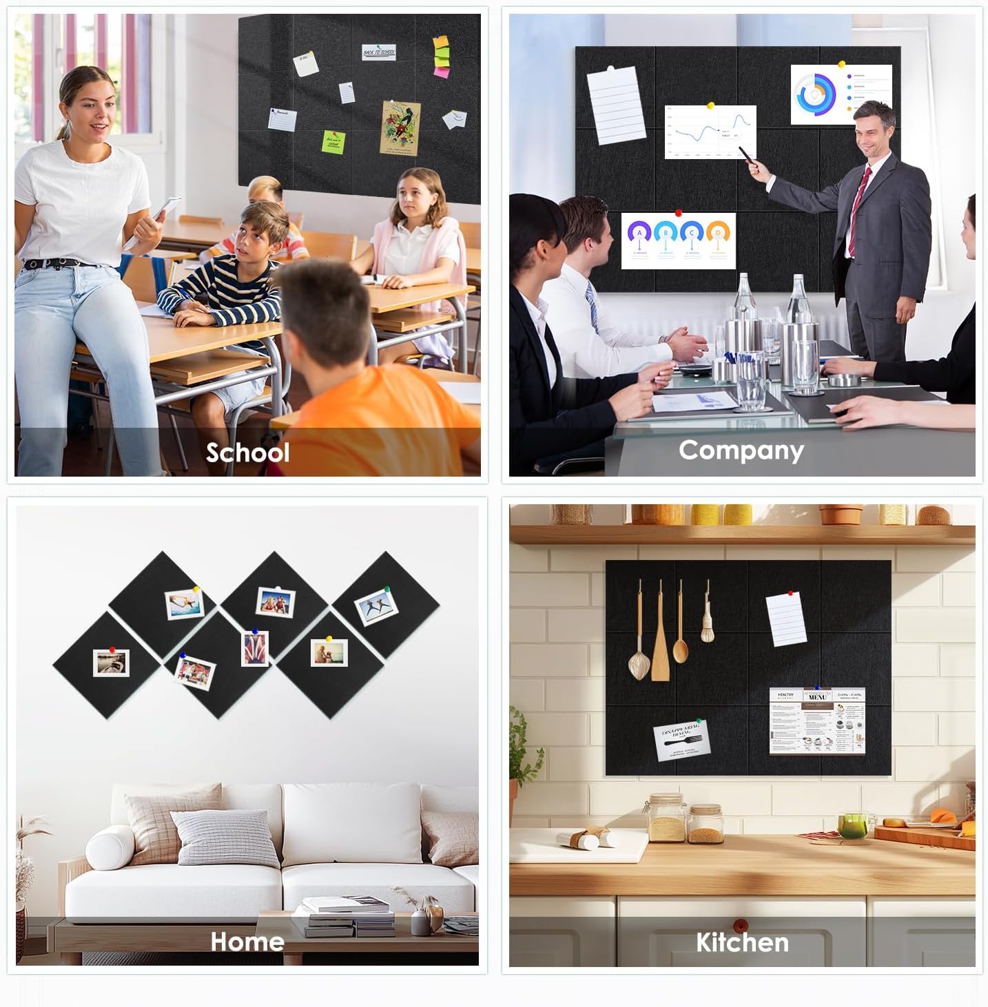 Cork Board for Wall,48"x36" 12 Pack Felt Wall Tiles with Safe Removable Adhesive Tabs, Bulletin Boards for Home Office Kitchen, Pin Board Notice Board for Photos, Memos, Black