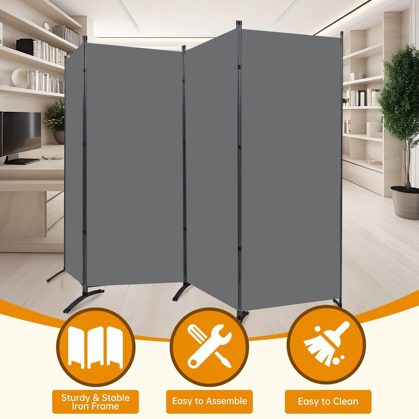 4 Panel Folding Privacy Screens, 6 FT Tall Wall Divider with Metal Frame, Freestanding Room Divider for Office Bedroom Study (4 Panel, Grey)