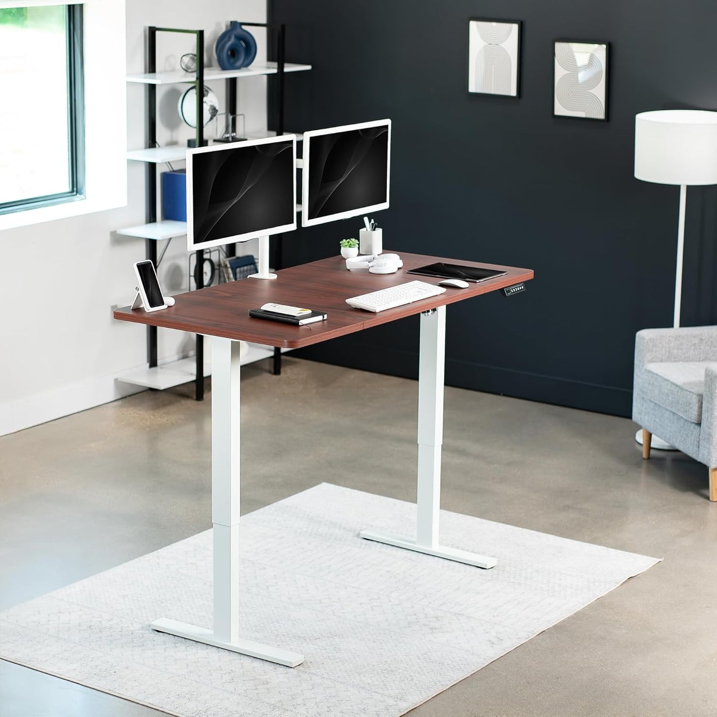 VIVO Electric 60 x 30 in Standing Desk, Memory Height Adjustment, 1B Series, Dark Walnut Top White Frame, DESK-KIT-1W6D-30