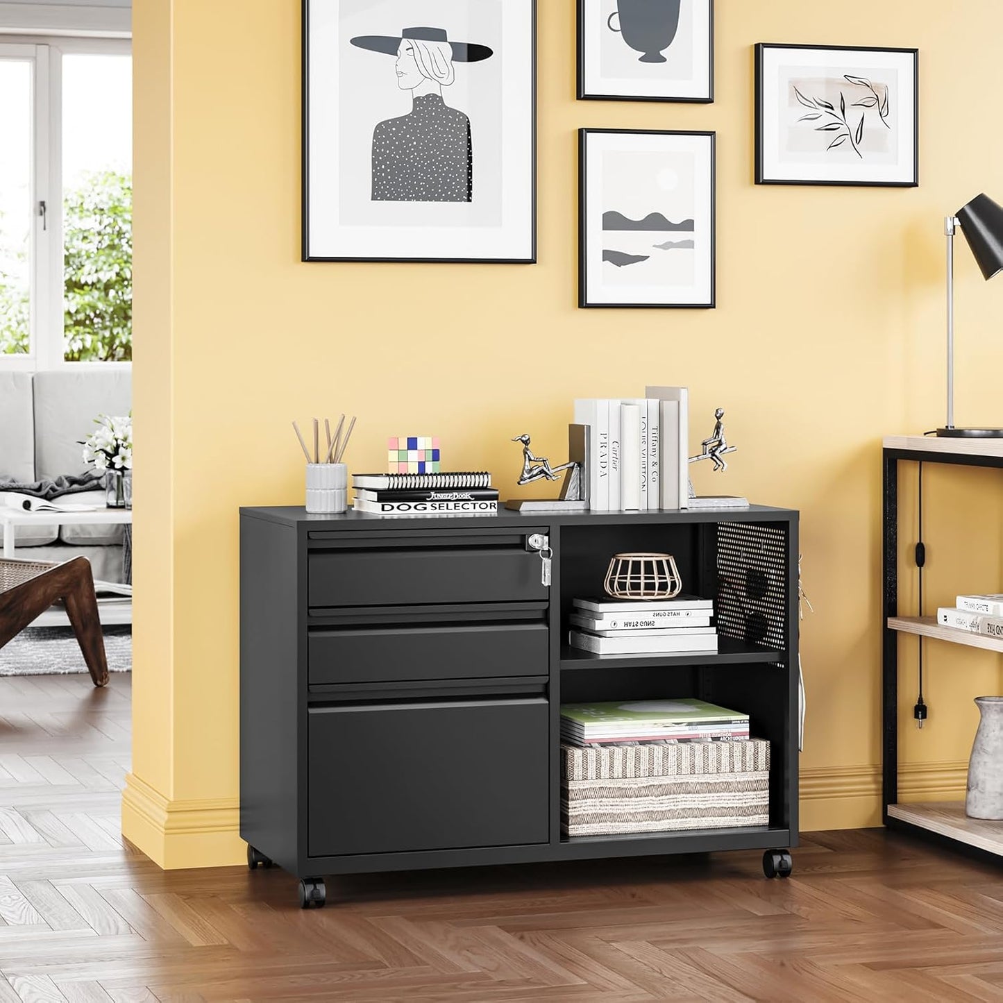 3 Drawer Metal File Cabinet with Lock,Mobile Lateral Filing Cabinet,Printer Stand Storage Cabinets with Shelves for Home Office(Black)