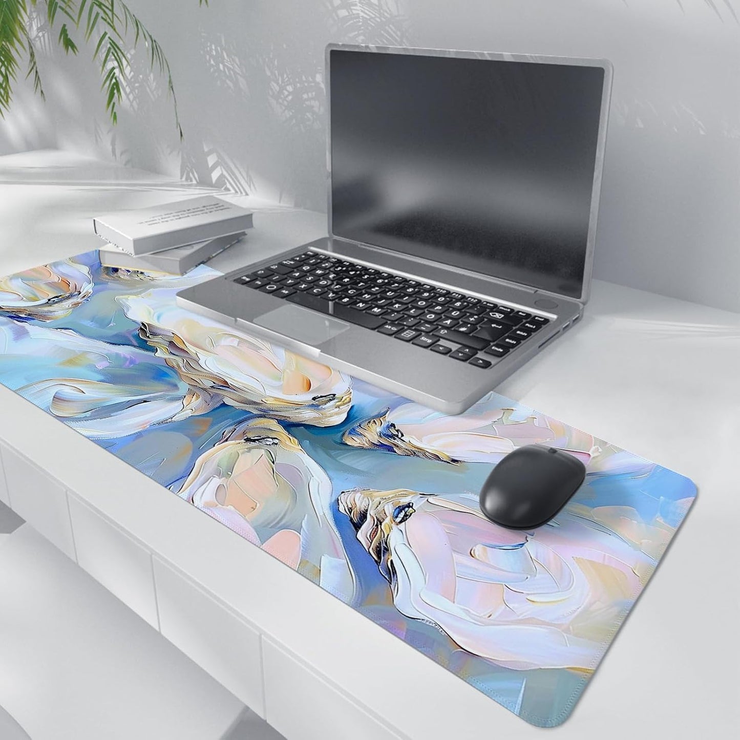 Blue Ocean Coastal Art Mouse Pad,Colorful Beachy Seashell Mouse Pad,XL Large Oyster Abstract Art Desk Mat,Girly Laptop Desk Mat,31.5x11.8 Inch