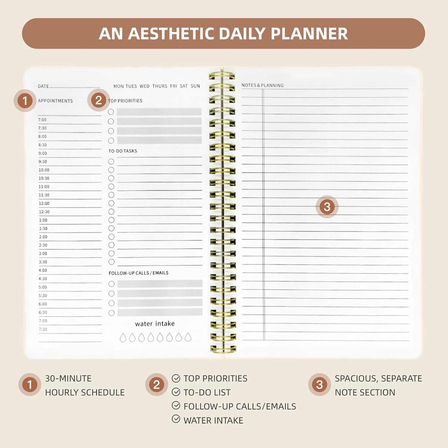 Stanoha Undated Daily Planner - Spiral Notebook 80 Days One Day Per Page, Hourly Schedule, To-Do List, Notes, Everyday Planning Task, A5 Hardcover Journal Organizer Book Women Cute, White Flower