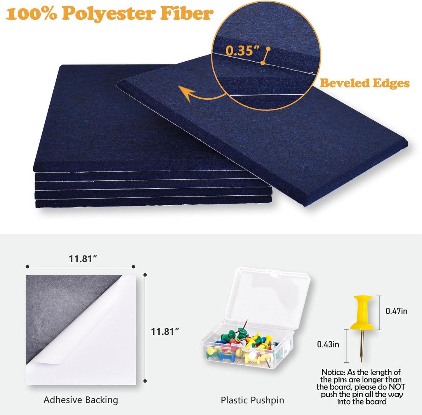 Large Cork Board for Wall with Pins, 36" x 24" Bulletin Board Self-Adhesive Pin Board | Customized 6 Packs Felt Tiles for Office Home Wall Decor, Navy