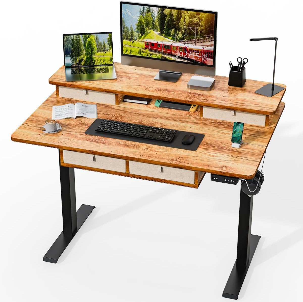 Standing Desk with Fast Charging USB Ports, 48" x 30" Height Adjustable Home Office & Gaming Desk, Sit Stand Desk with Built-in Storage Shelf, Hook & Ergonomic Design(Light Rustic)
