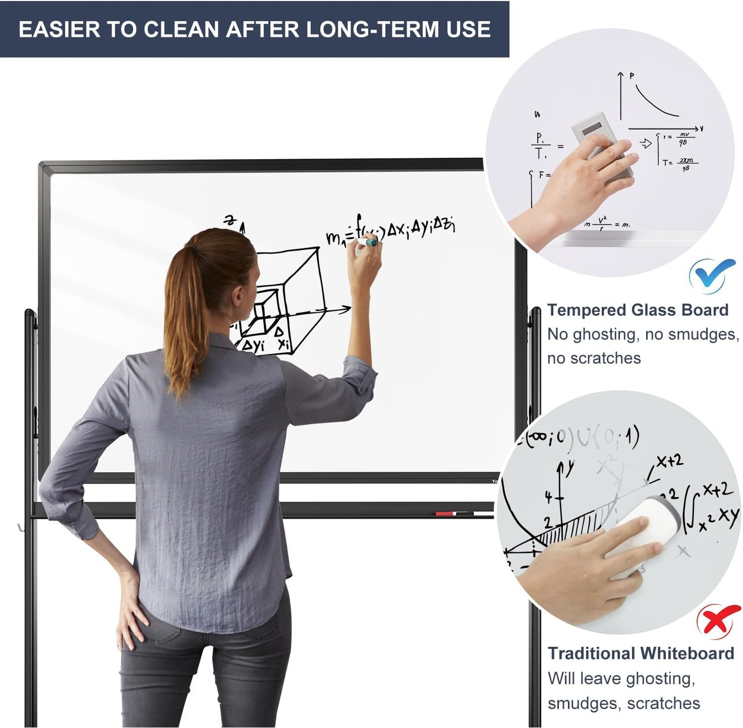 Mobile Clear Glass Whiteboard on Wheels - TANKEE 48" x 32" Dry Erase Board with Stand, Large Rolling White Board with 25 Sheets Paper Pad, Transparent Tempered Glass Board for Office Home School