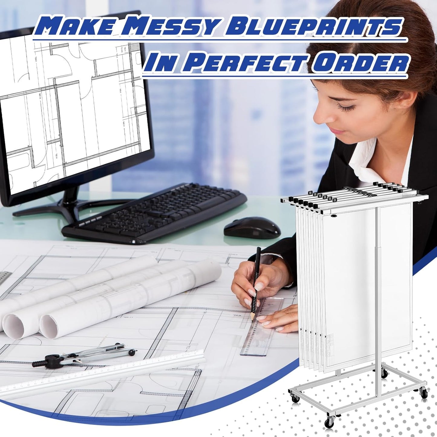Mobile Blueprint Storage Rack Adjustable Holder with 6 Pcs Blueprint Clamps 4 Wheels Storage Organizer Stand for File Display Plan Office Home(24 Inch)
