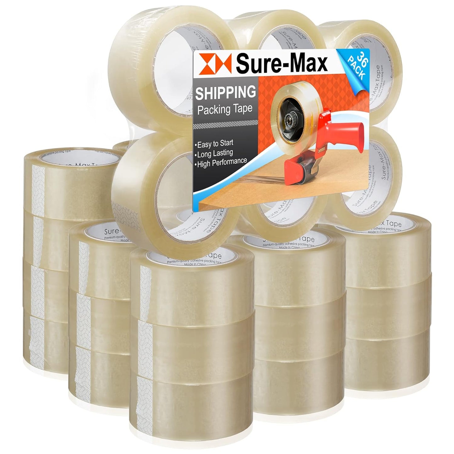 Sure-Max Premium Carton Packing Tape 1.8 mil 330 Feet (110 Yards) - Clear - 1 Case (36 Rolls Total)