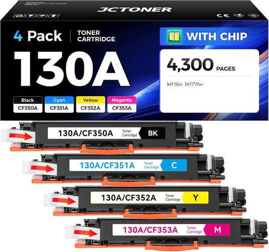 130A Toner Cartridge Set 4-Pack High Yield Replacement for HP 130A CF350A CF351A CF352A CF353A Compatible with HP Color Laserjet Pro MFP M176n M177fw Printer Ink M176 M177（Black Cyan Yellow Magenta）