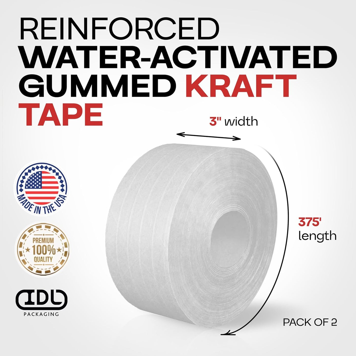 IDL Packaging 3" x 375 feet Reinforced Water-Activated Kraft Gummed Tape 70lb Thickness (Pack of 2) - Secure Paper Packing Tape for Secure Carton Sealing - Heavy-Duty for All Conditions, White