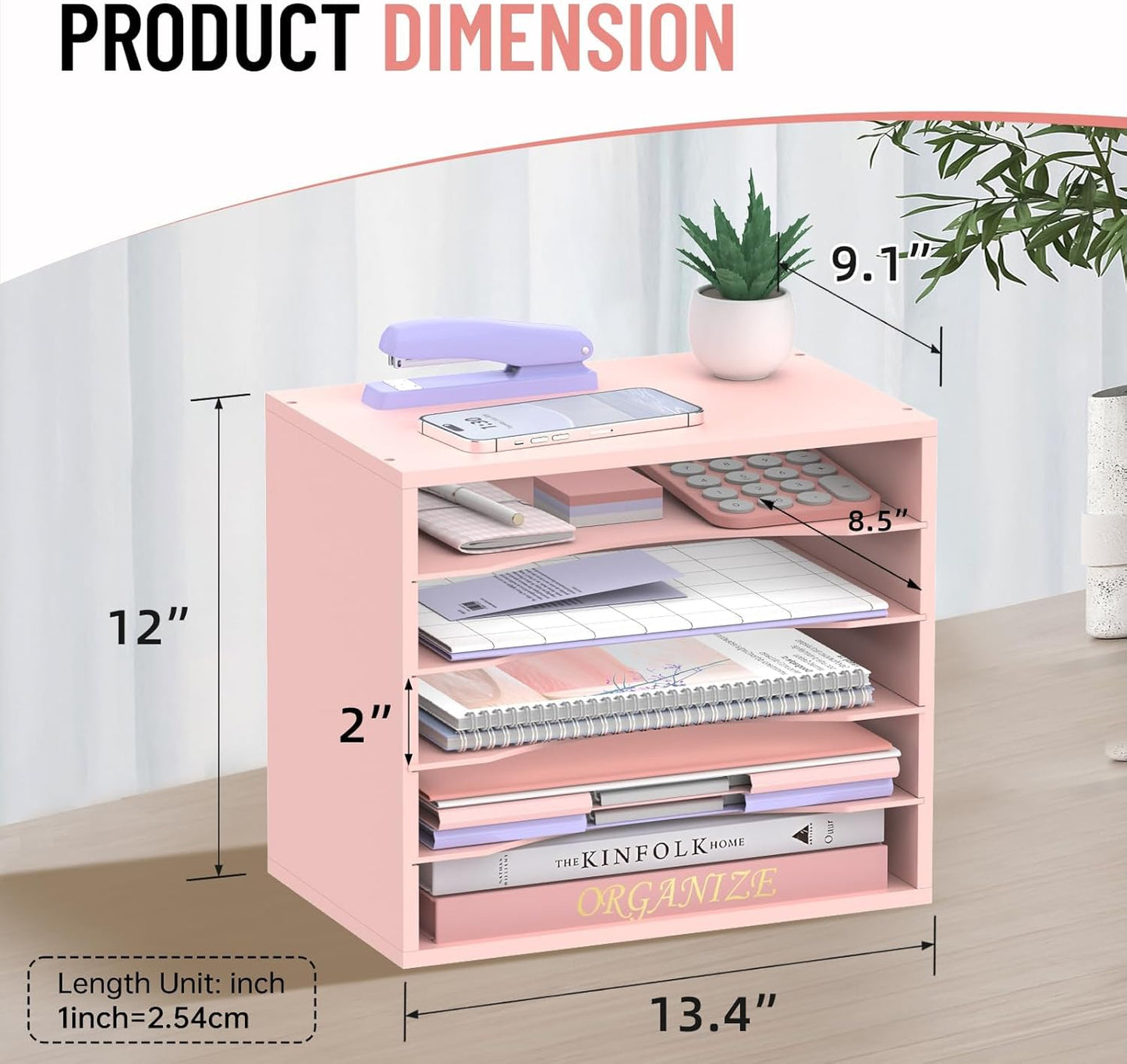 5-Tier Wood Desk Organizer, Paper Tray Organizer for Desk with Adjustable Storage Shelves, Desktop Paper Sorter Mail Holder for Office Home Classroom, Pink