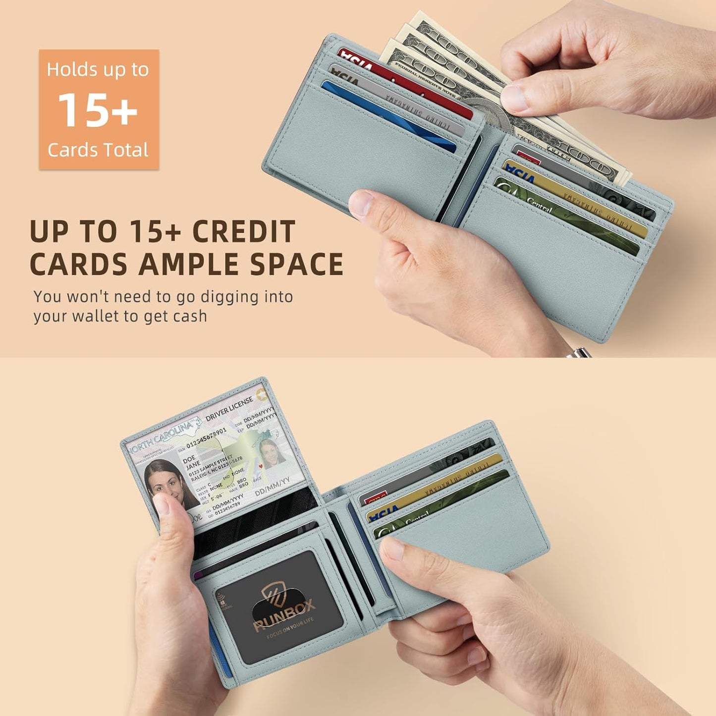 RUNBOX Wallet for Men Slim Rfid Leather 2 ID Window With Gift Box